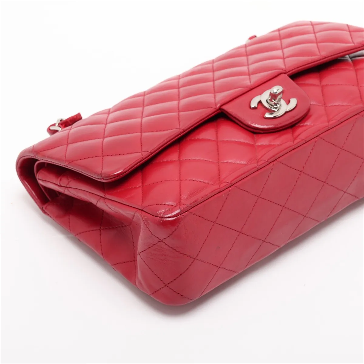 Matelassé 25 Lambskin Double Flap Double Chain Bag, Red, Silver Hardware, A01112 — view 4