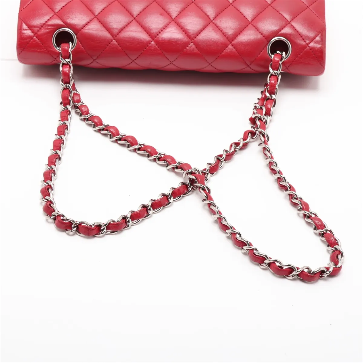 Matelassé 25 Lambskin Double Flap Double Chain Bag, Red, Silver Hardware, A01112 — view 5