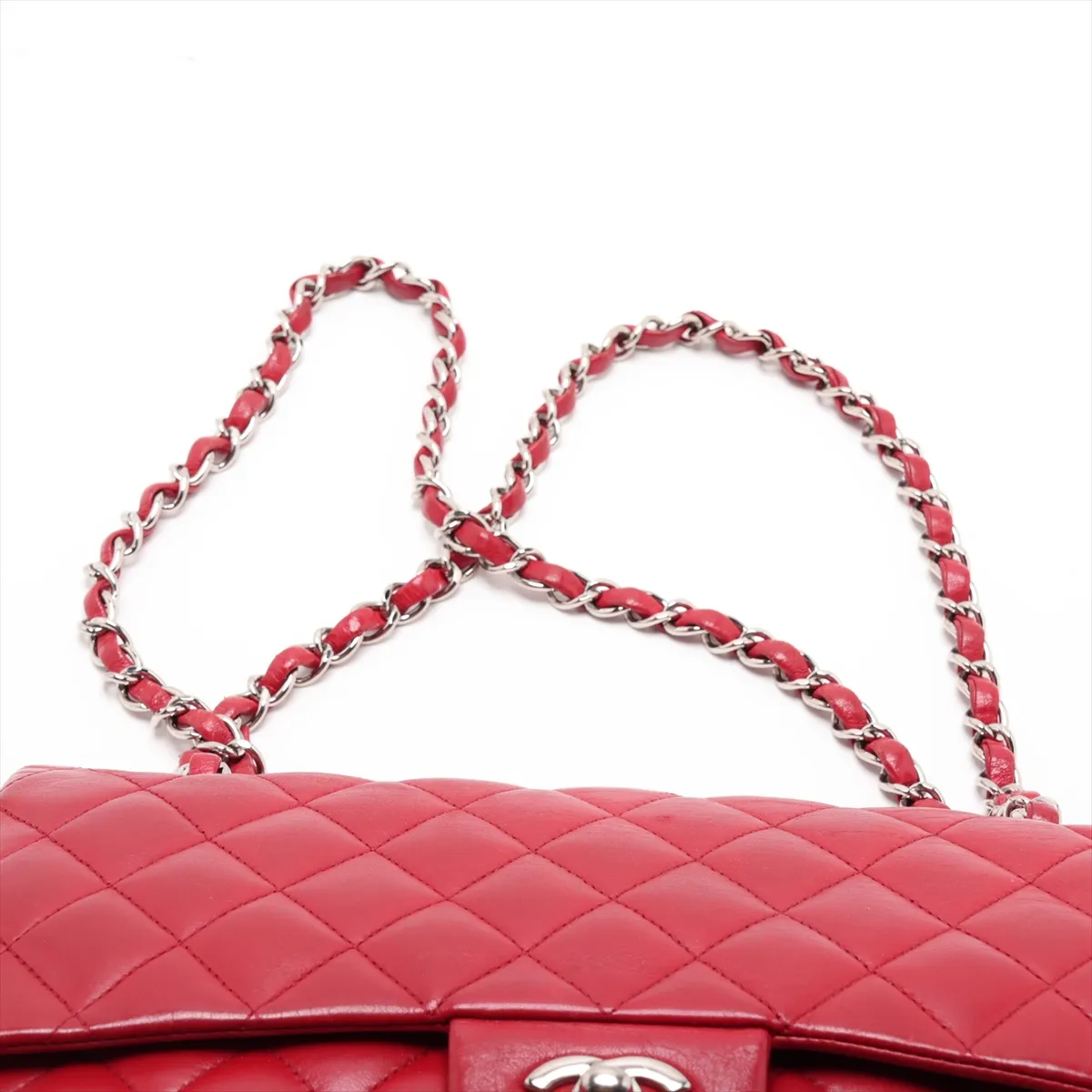 Matelassé 25 Lambskin Double Flap Double Chain Bag, Red, Silver Hardware, A01112 — view 6