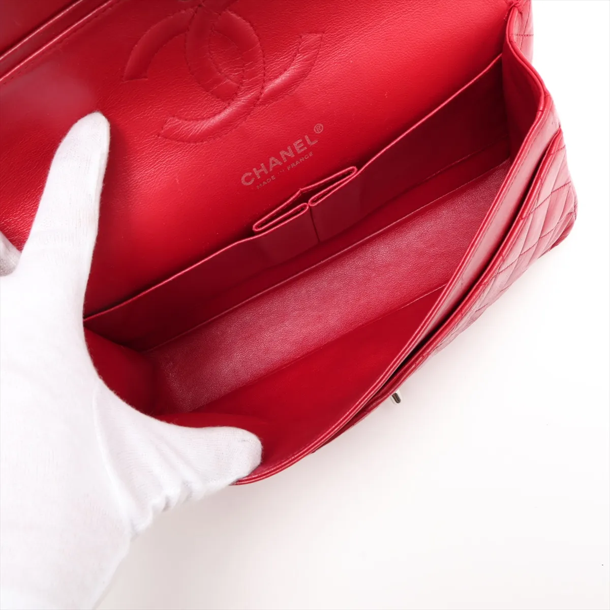Matelassé 25 Lambskin Double Flap Double Chain Bag, Red, Silver Hardware, A01112 — view 7