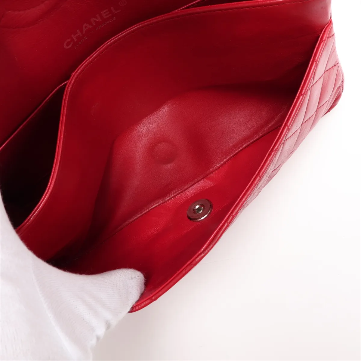 Matelassé 25 Lambskin Double Flap Double Chain Bag, Red, Silver Hardware, A01112 — view 8