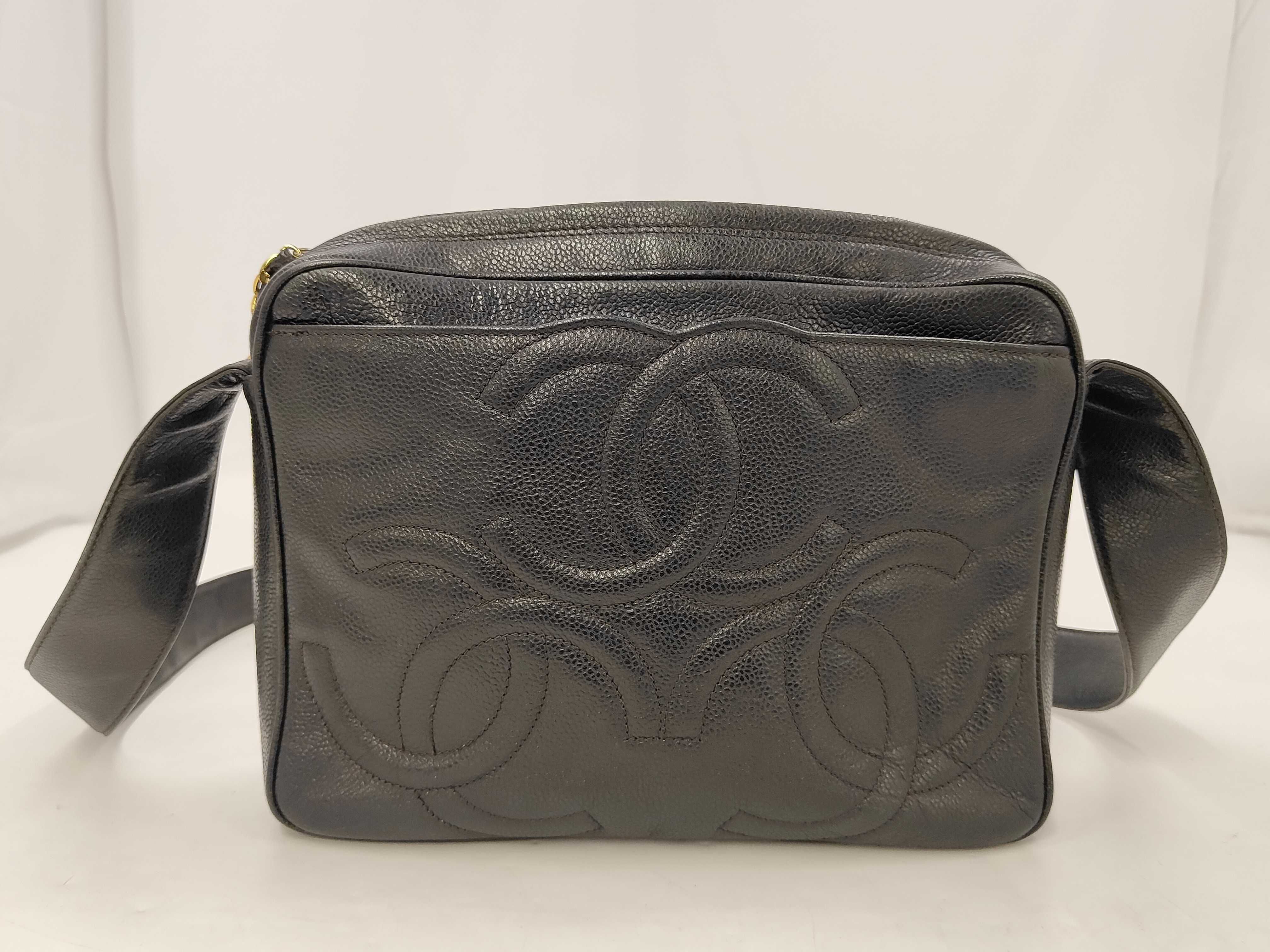 Caviar Skin Triple Coco Black Shoulder Bag