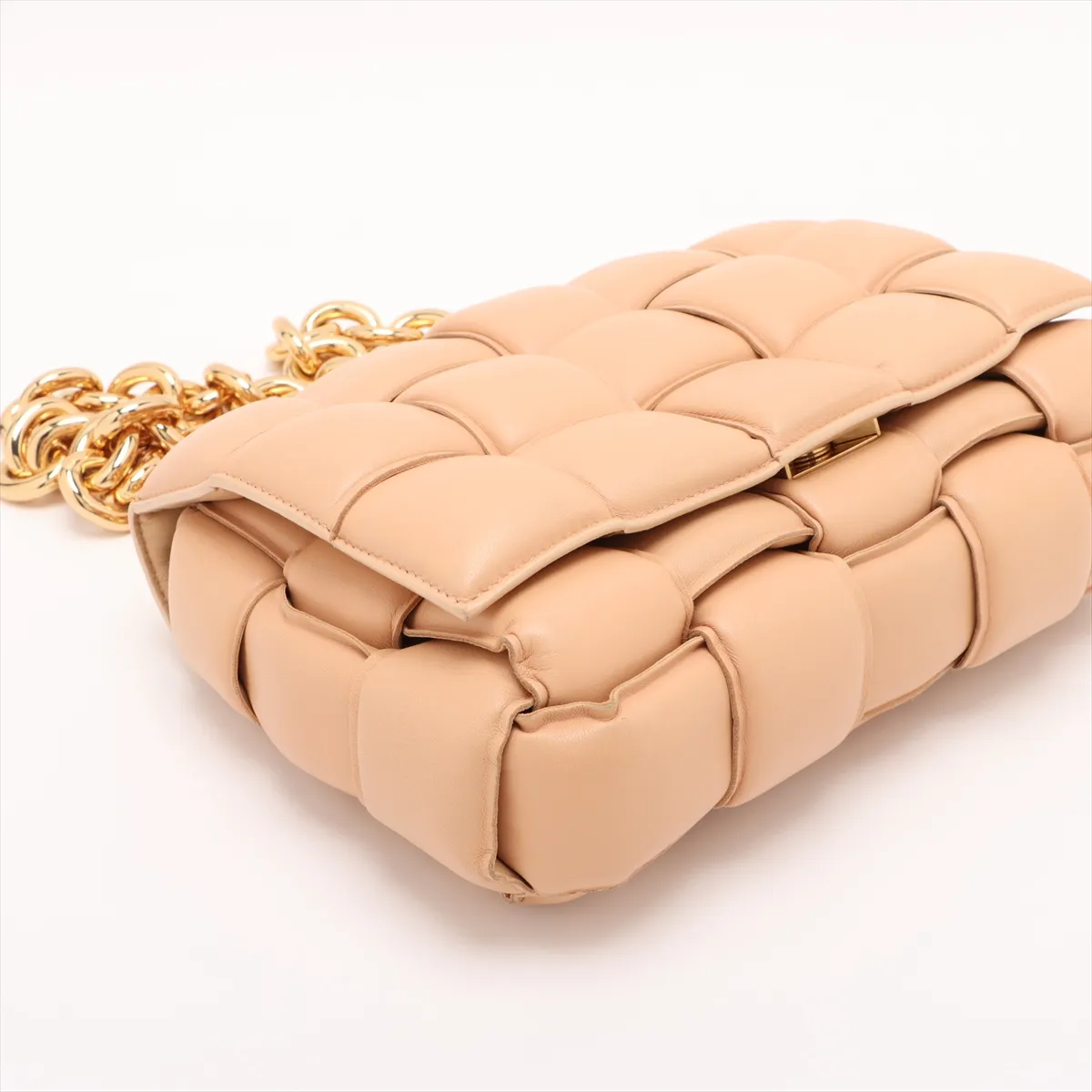 Maxi Intrecciato Padded Cassette Leather Chain Shoulder Bag Beige — view 4