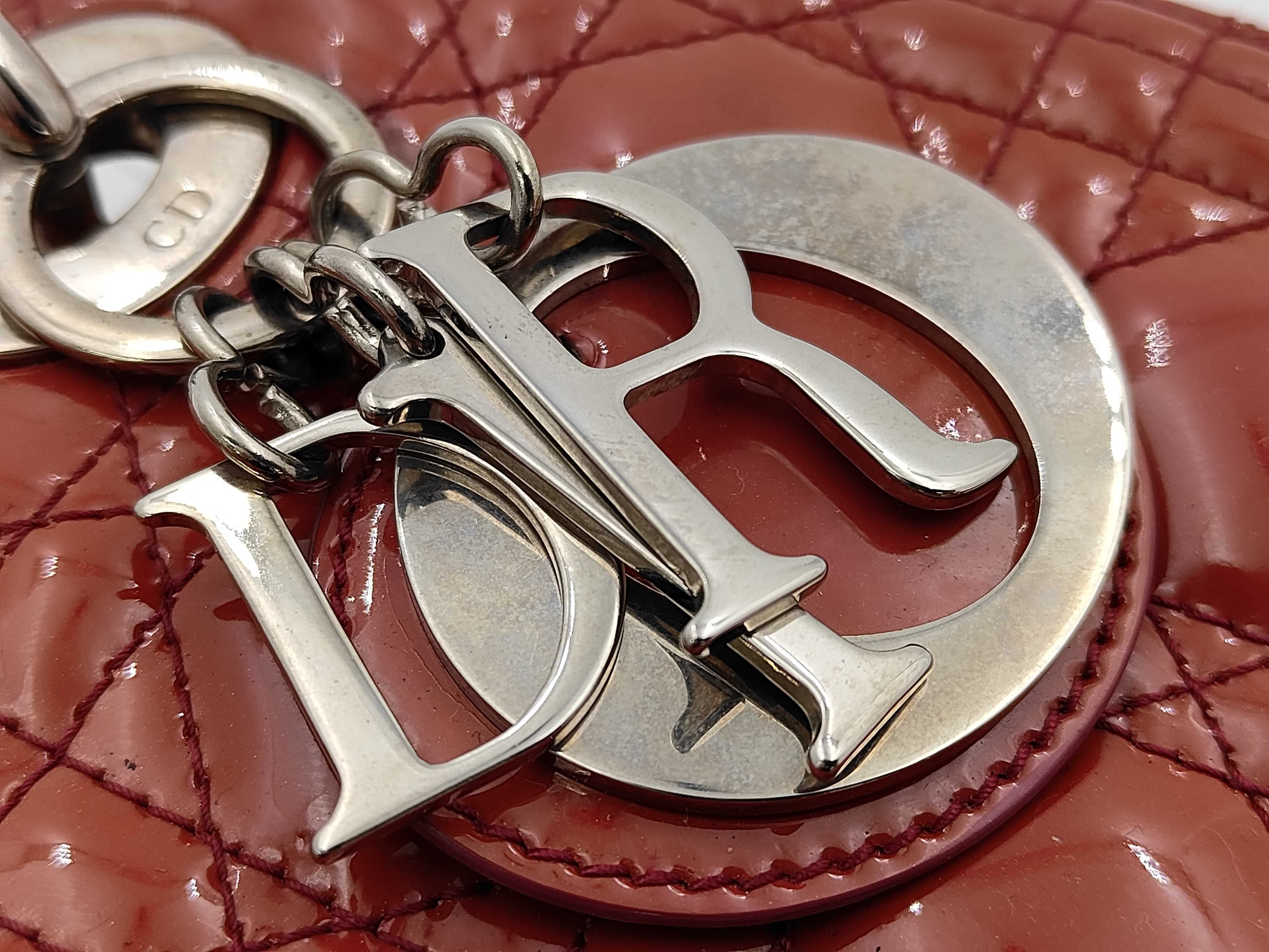 Christian 2-Way Handbag, Patent Leather, Red and Silver, Lady Dior Handbag — view 14