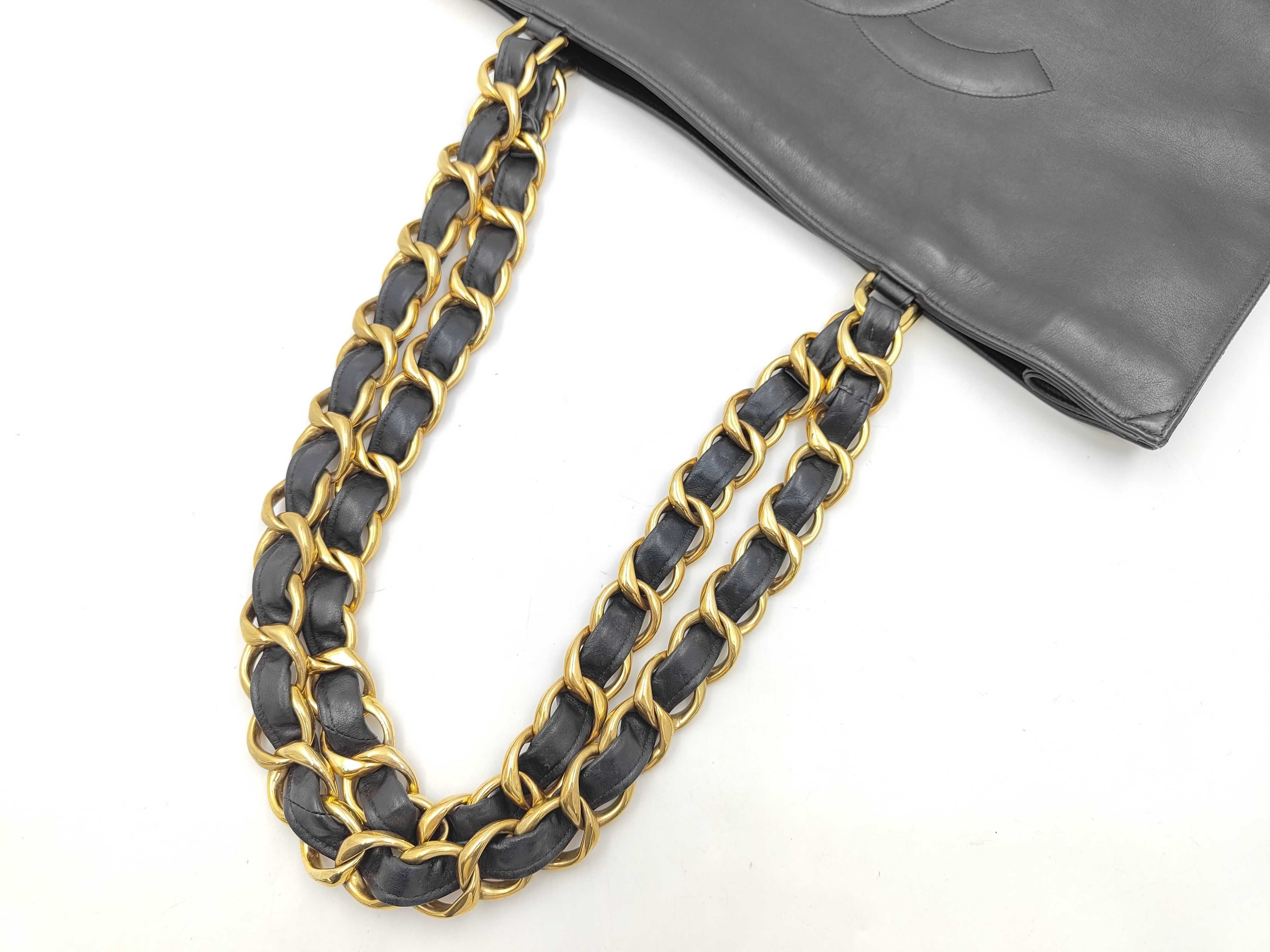 Chain Tote Leather Bag with Gold Hardware, Black, 3585292 (Tote Bag) — view 5