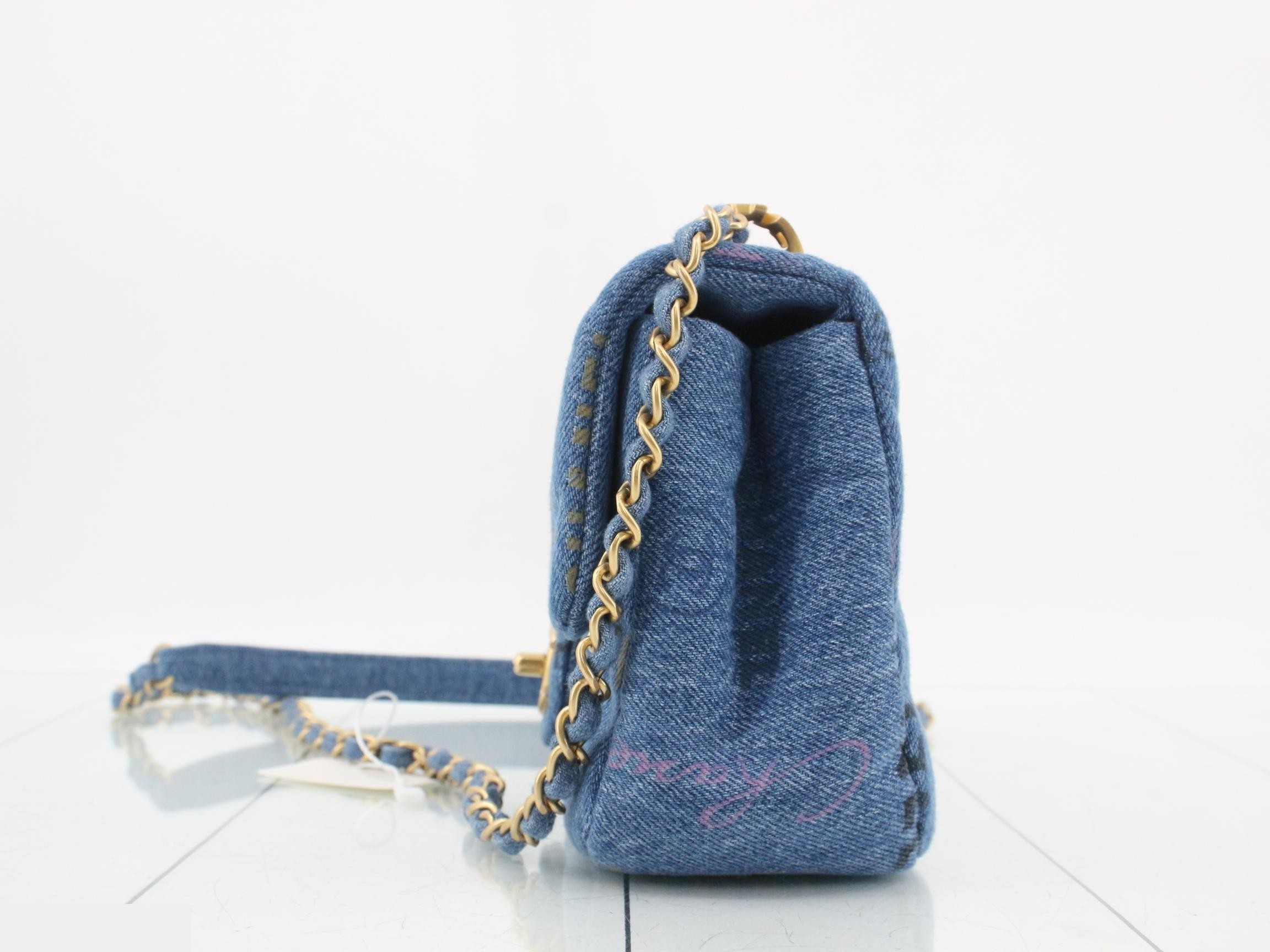 Matelassé denim logo print chain shoulder bag — view 3