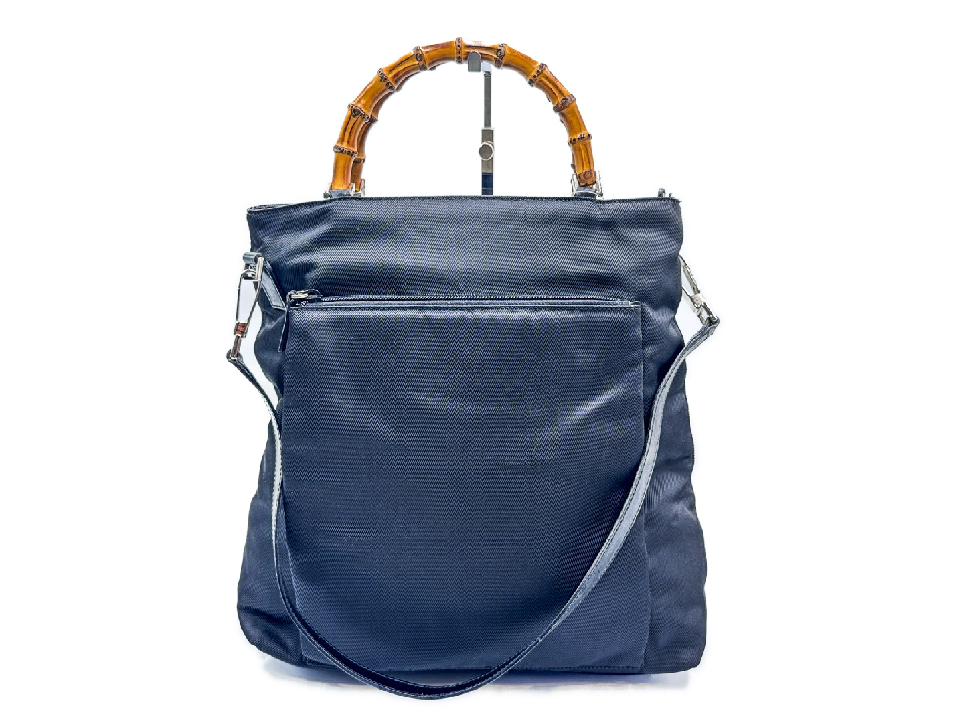 Bamboo 2-way strap tote bag, black with silver hardware, 002.2122.