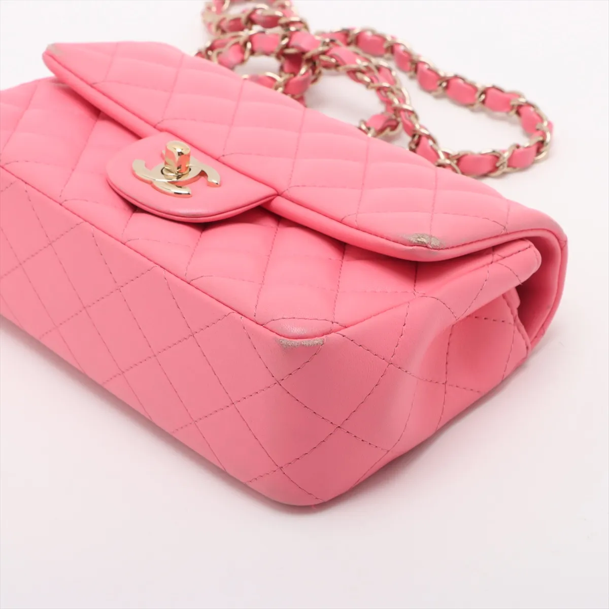Mini Matelassé 20 Lambskin Single Flap Single Chain Bag, Pink with Gold Hardware, U7K65E6A, Random Plate, A69900 — view 3