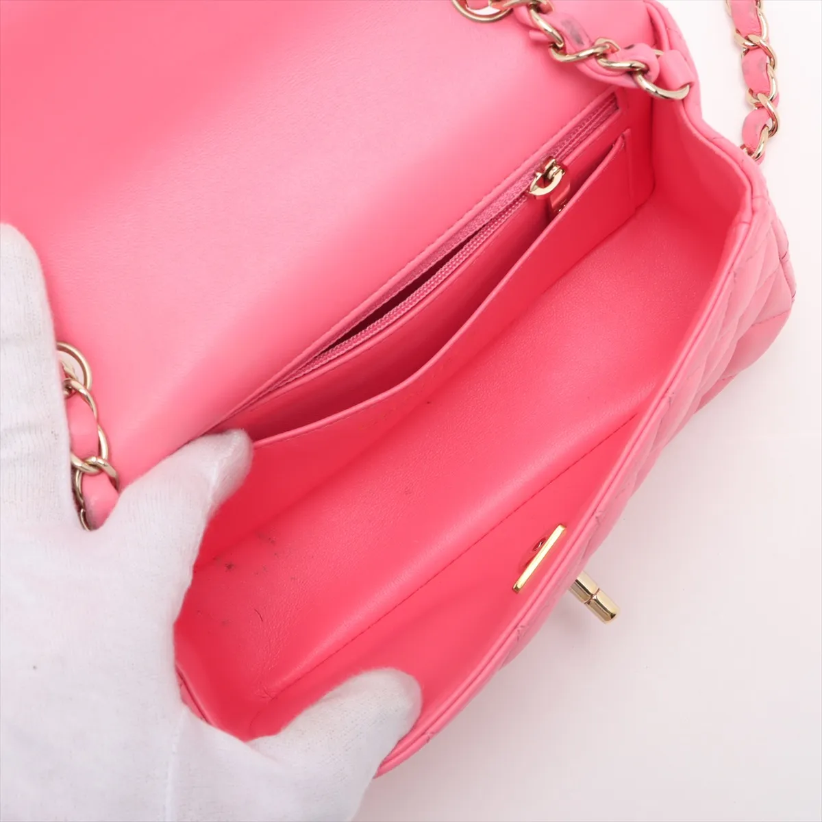 Mini Matelassé 20 Lambskin Single Flap Single Chain Bag, Pink with Gold Hardware, U7K65E6A, Random Plate, A69900 — view 6