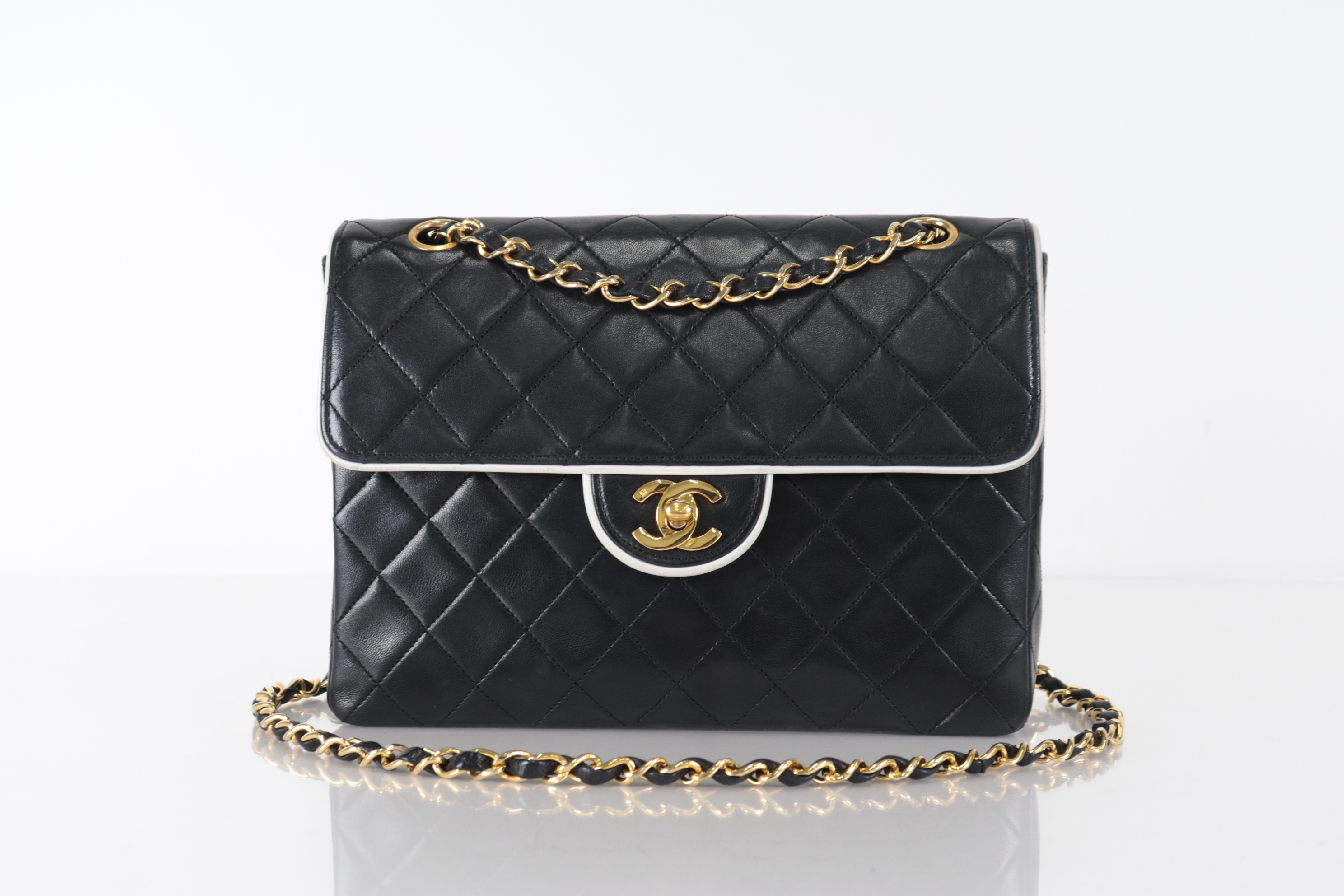 Matelassé Lambskin Bicolor Chain Shoulder Bag, Black x White, Series 2