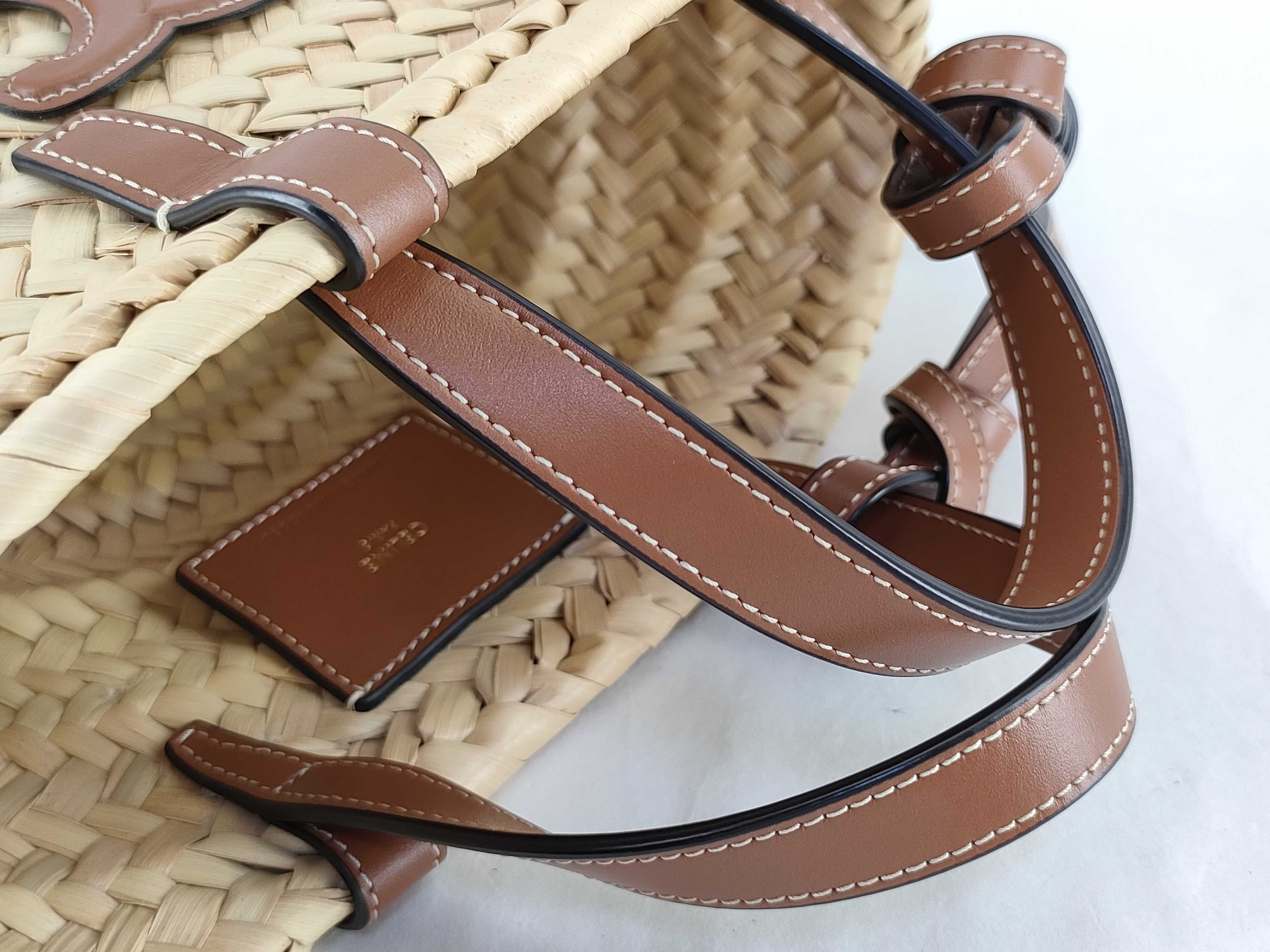 Triomphe Basket Raffia x Leather Basket Bag Brown Handbag — view 3