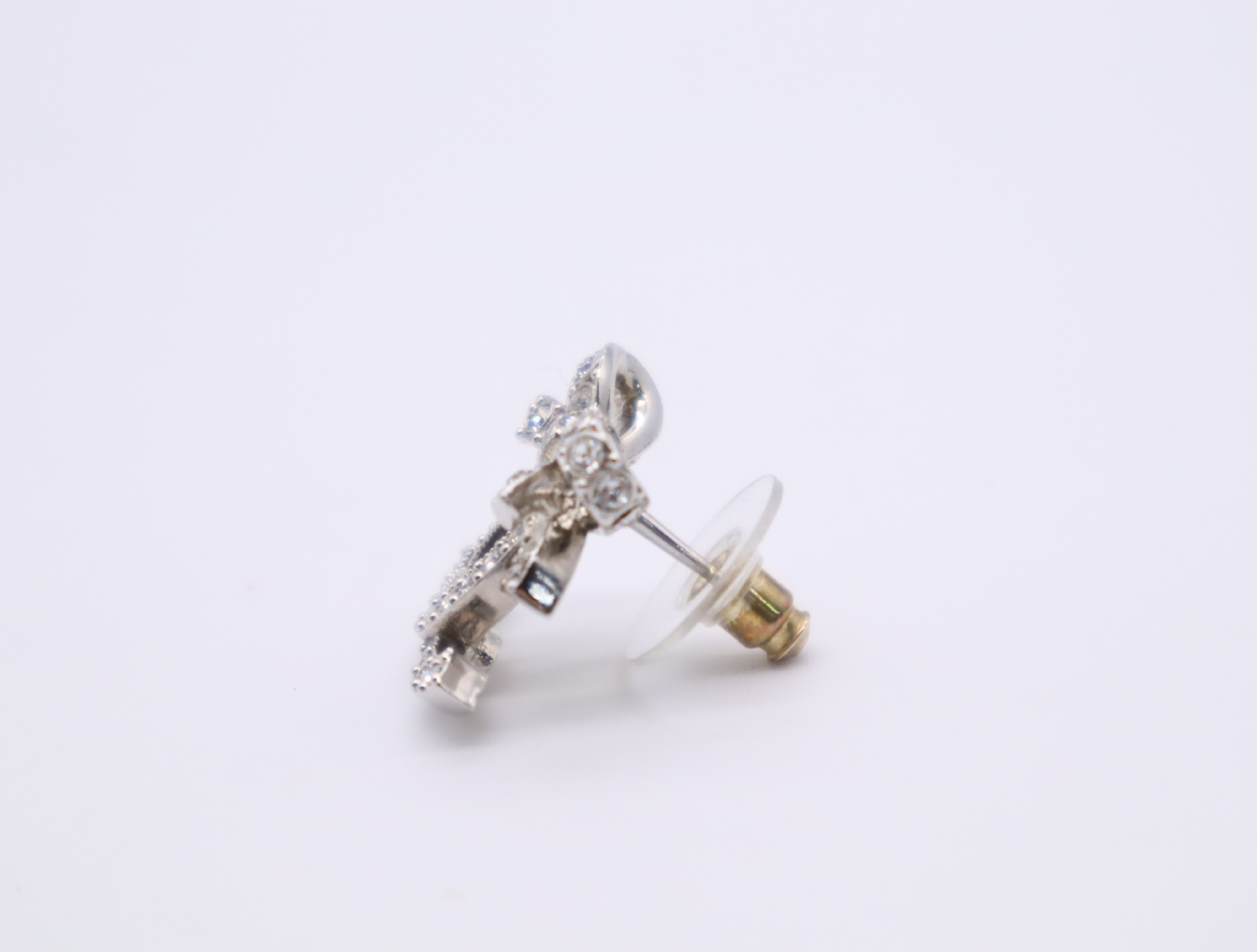 Metal x Rhinestone Coco Mark Ribbon Earrings, Silver Earrings — view 3