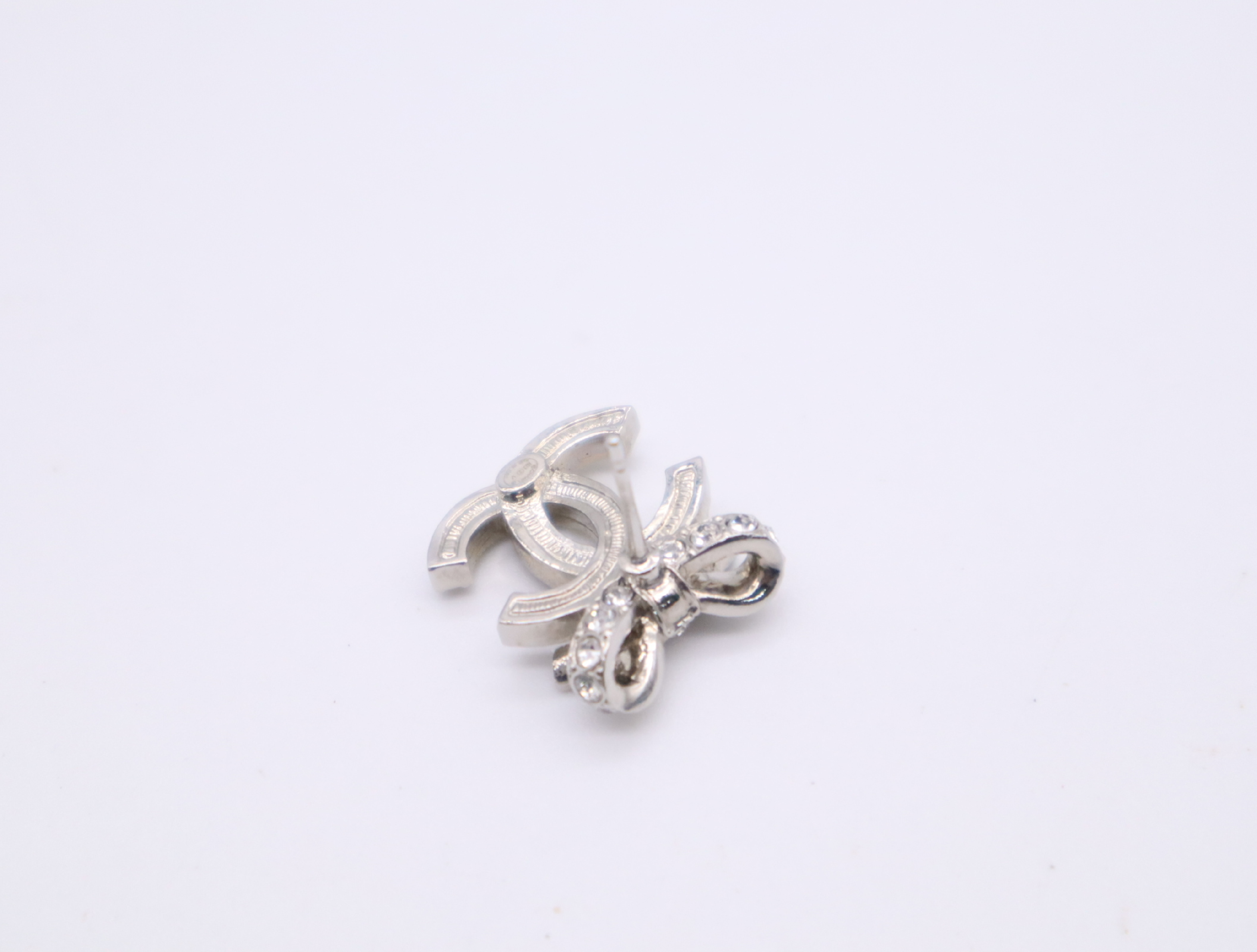 Metal x Rhinestone Coco Mark Ribbon Earrings, Silver Earrings — view 4
