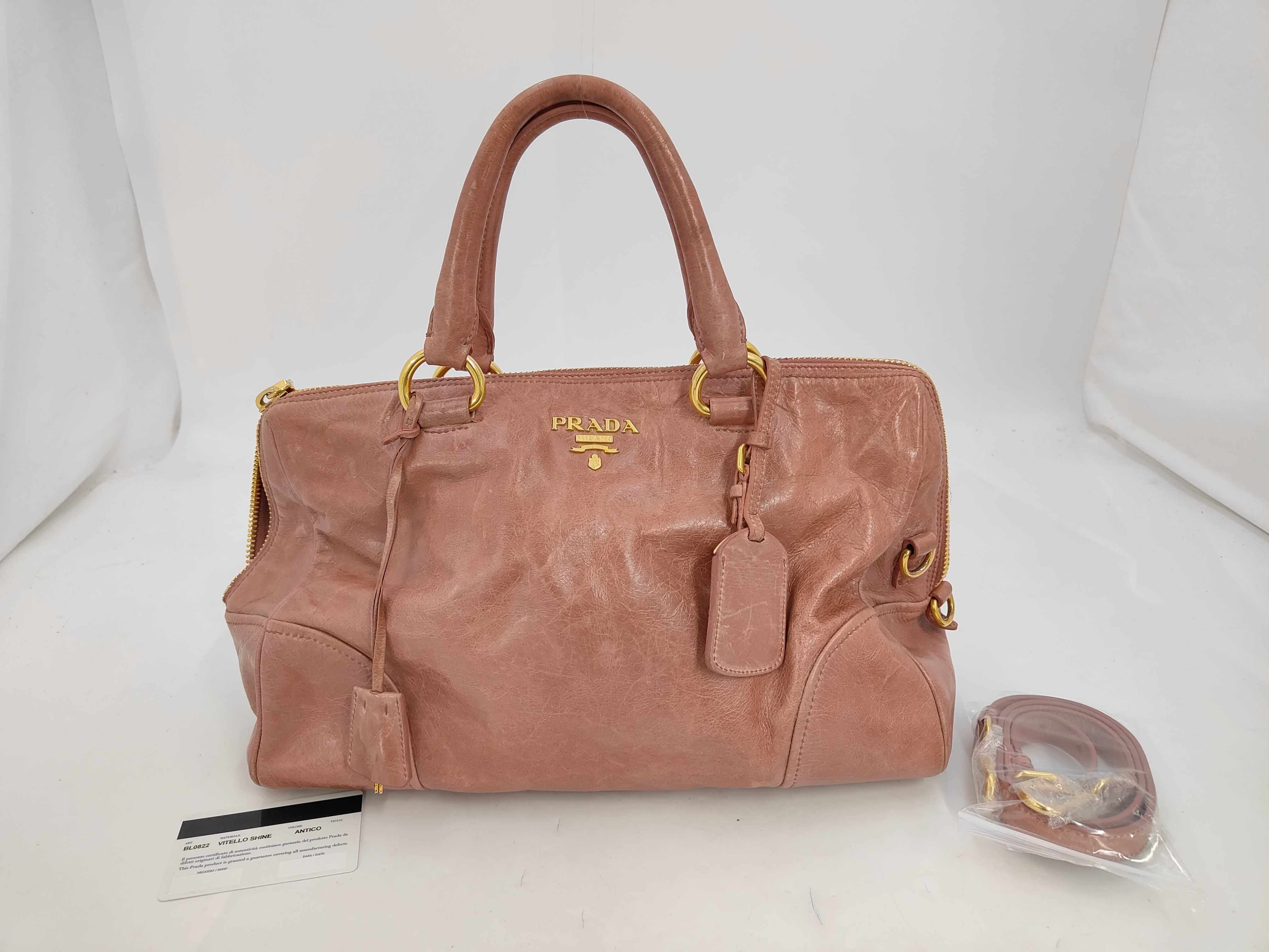 Vitello Shine Leather Pink 2-Way Handbag with Shoulder Strap