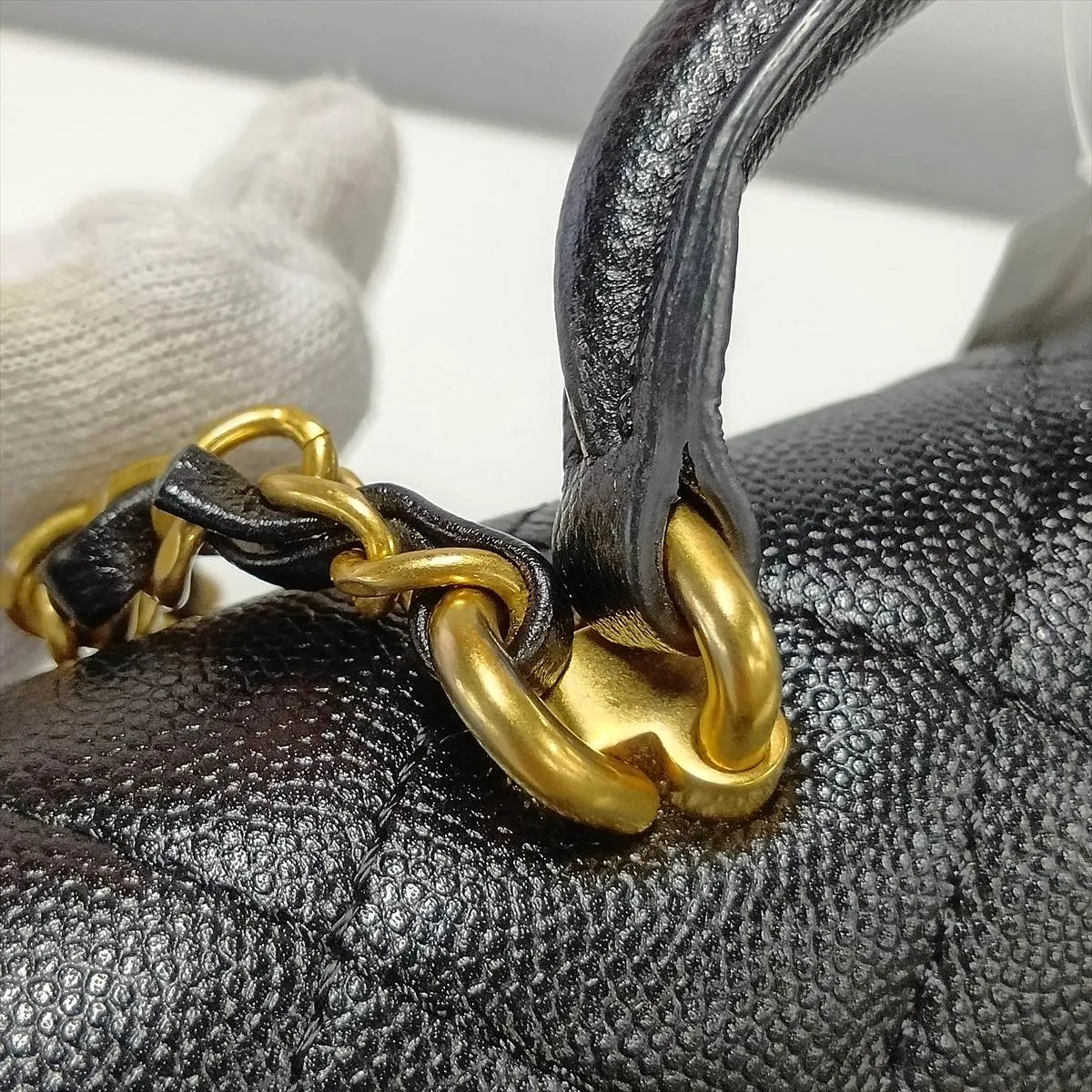 Matelassé Caviar Skin 2-Way Handbag, Black with Gold Hardware, KJNA43GJ, Random Plate — view 12
