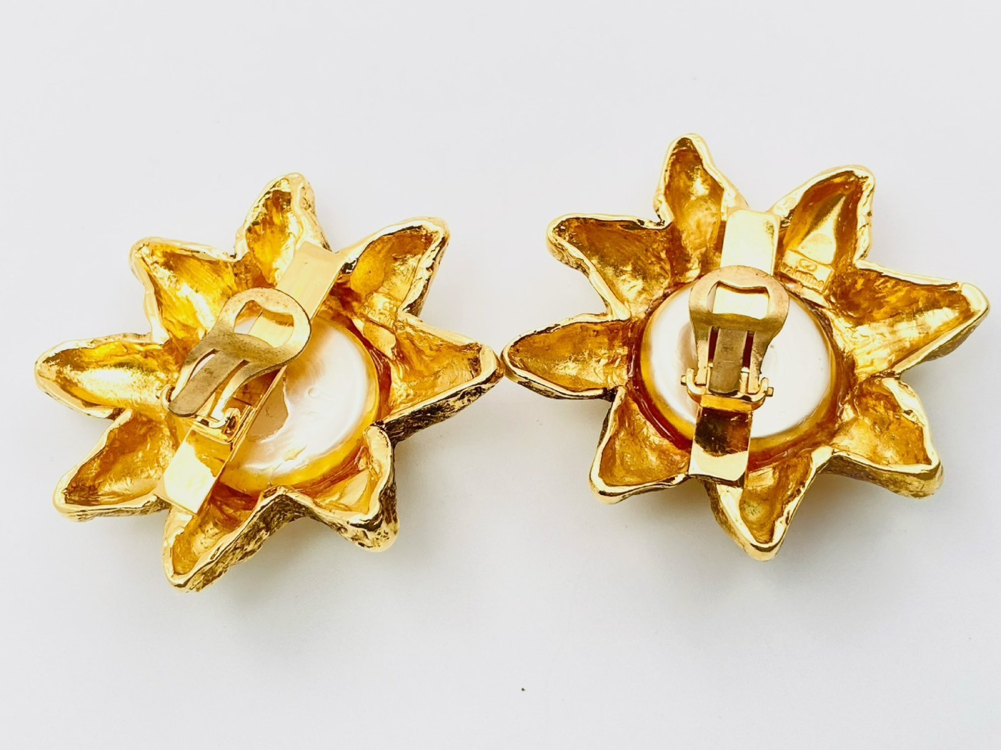 Faux Pearl Sun Gold Old Vintage Large Earrings — view 2
