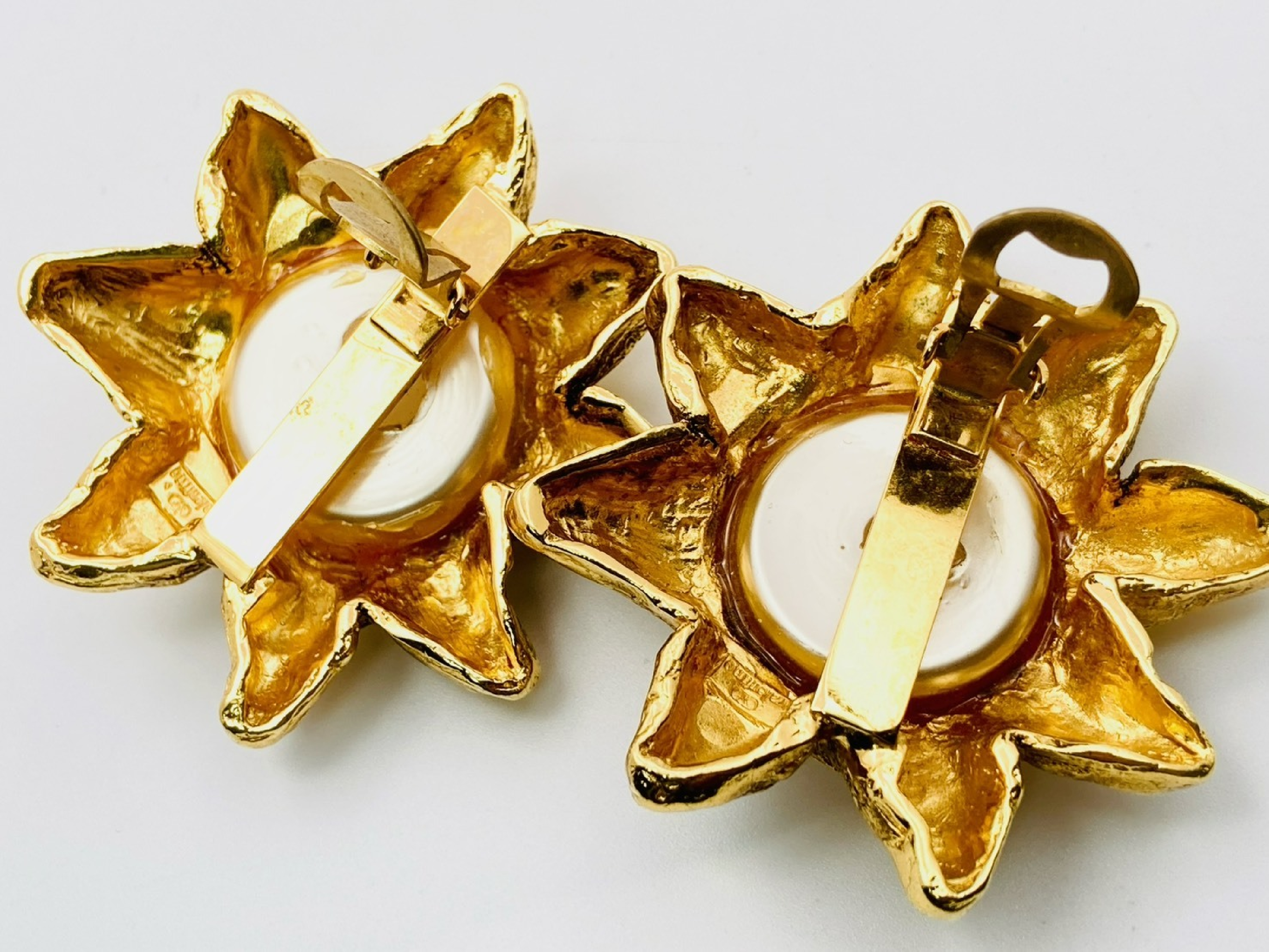 Faux Pearl Sun Gold Old Vintage Large Earrings — view 3