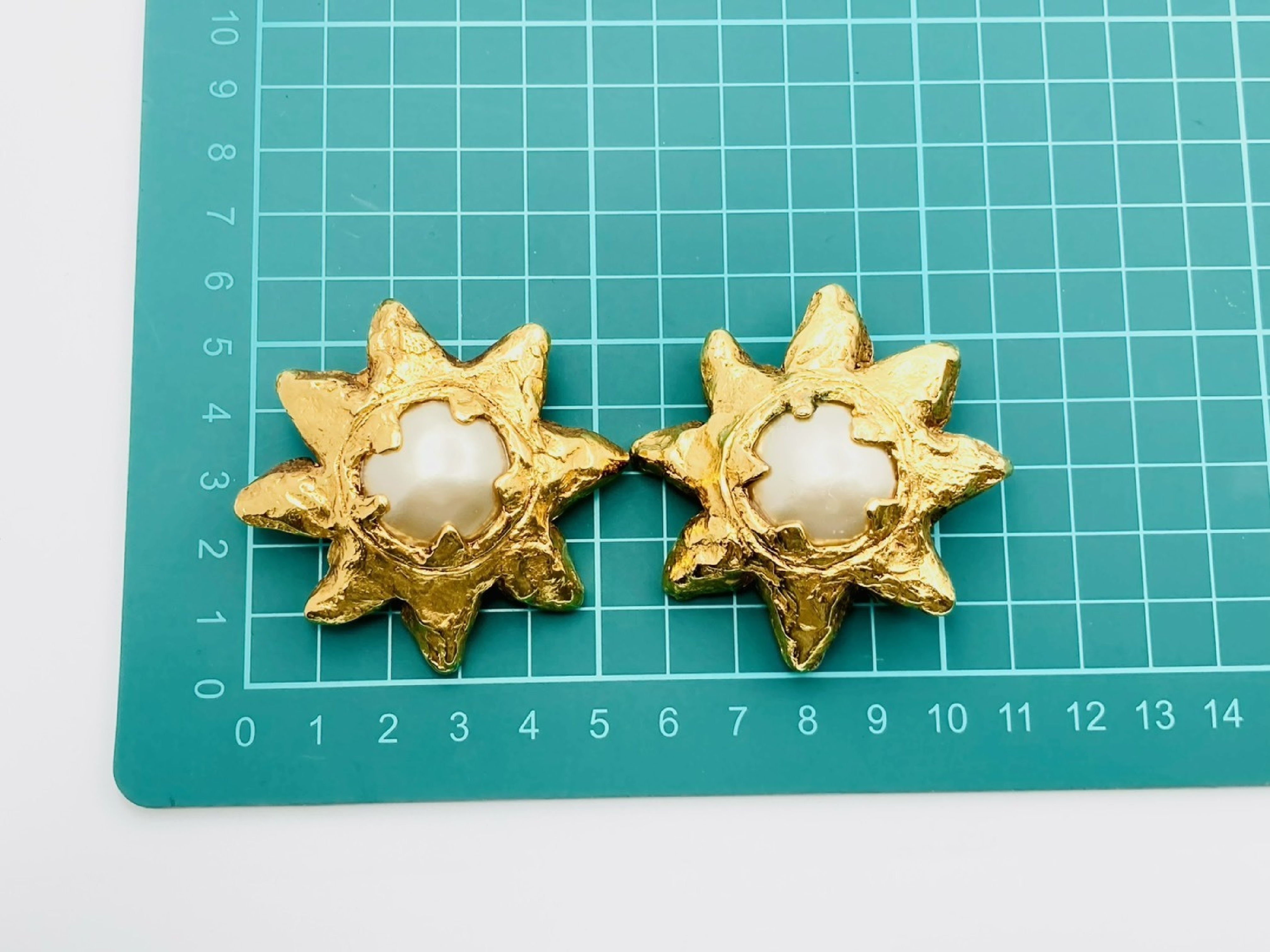 Faux Pearl Sun Gold Old Vintage Large Earrings — view 5