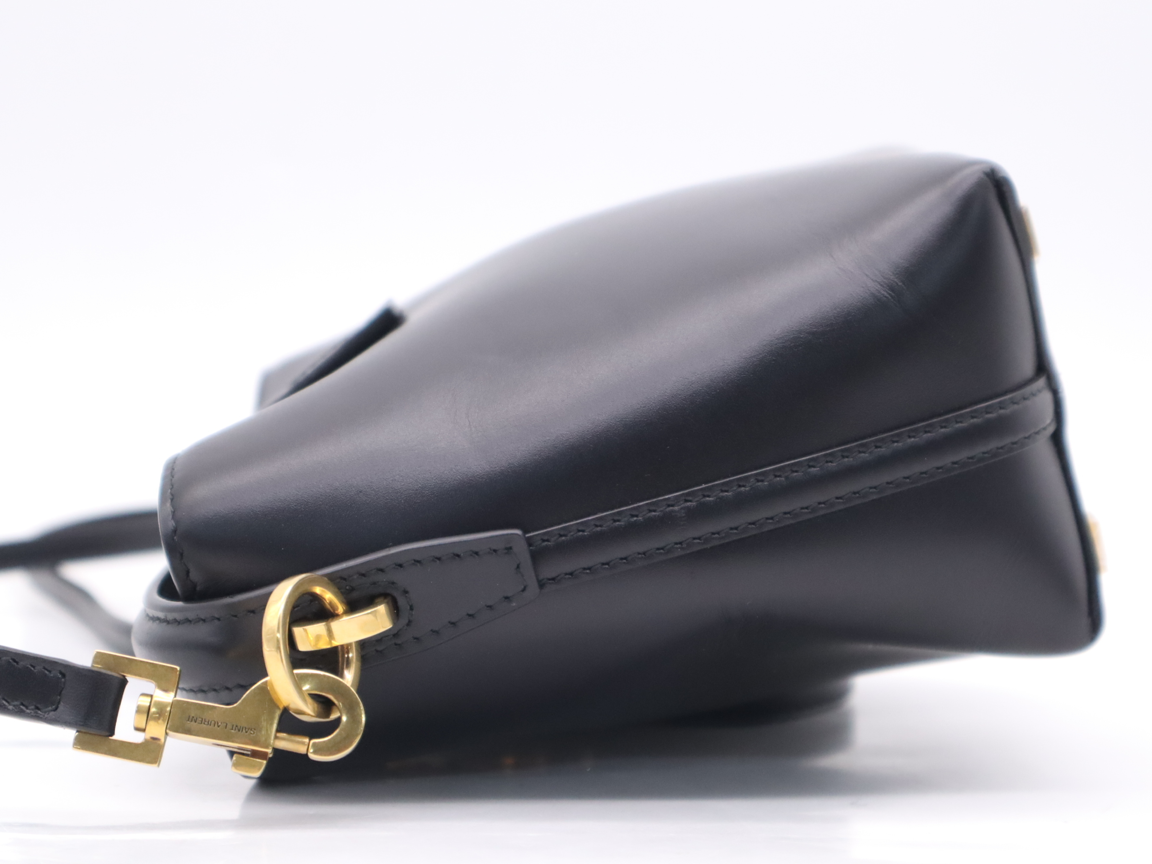 Leather Mini Bucket 2-Way Shoulder Bag, Black with Gold Hardware — view 3