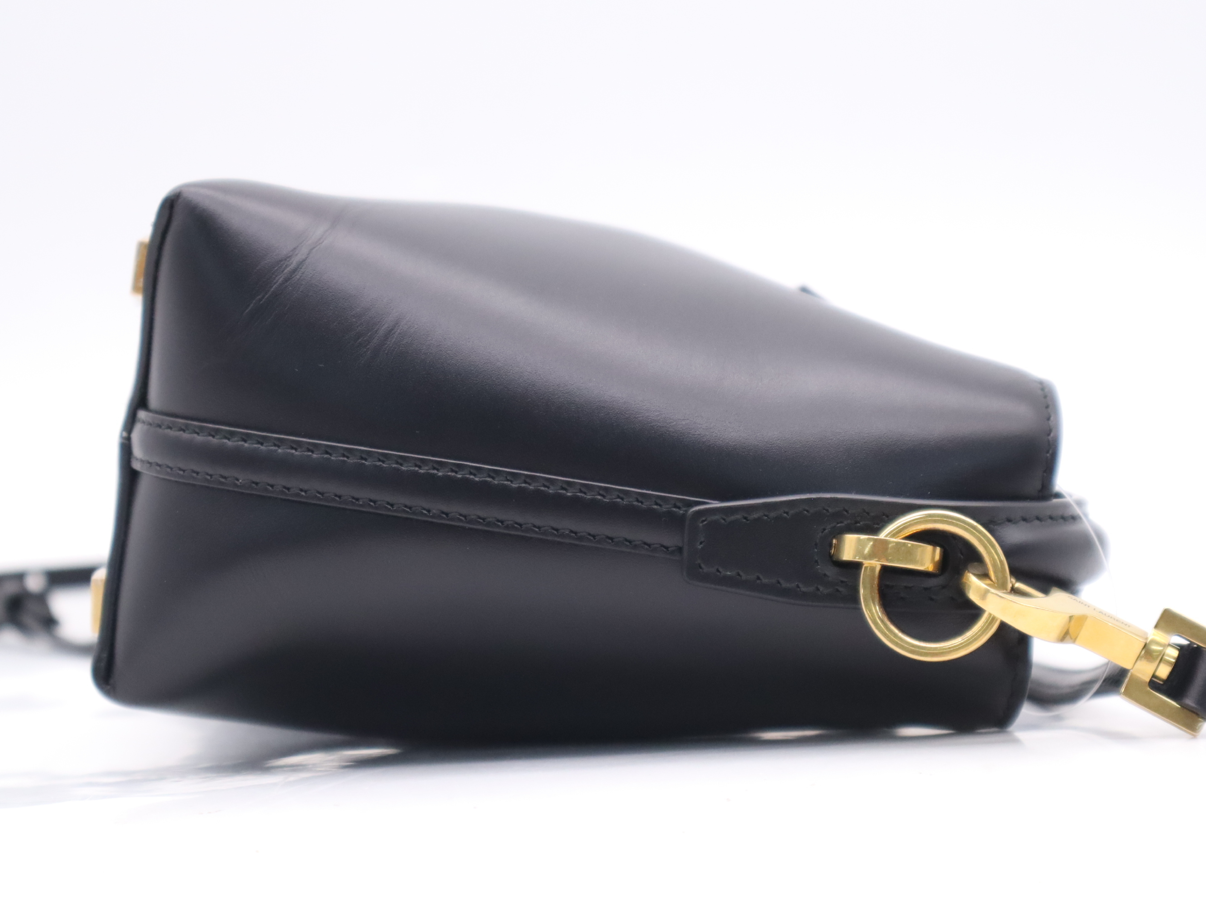Leather Mini Bucket 2-Way Shoulder Bag, Black with Gold Hardware — view 5