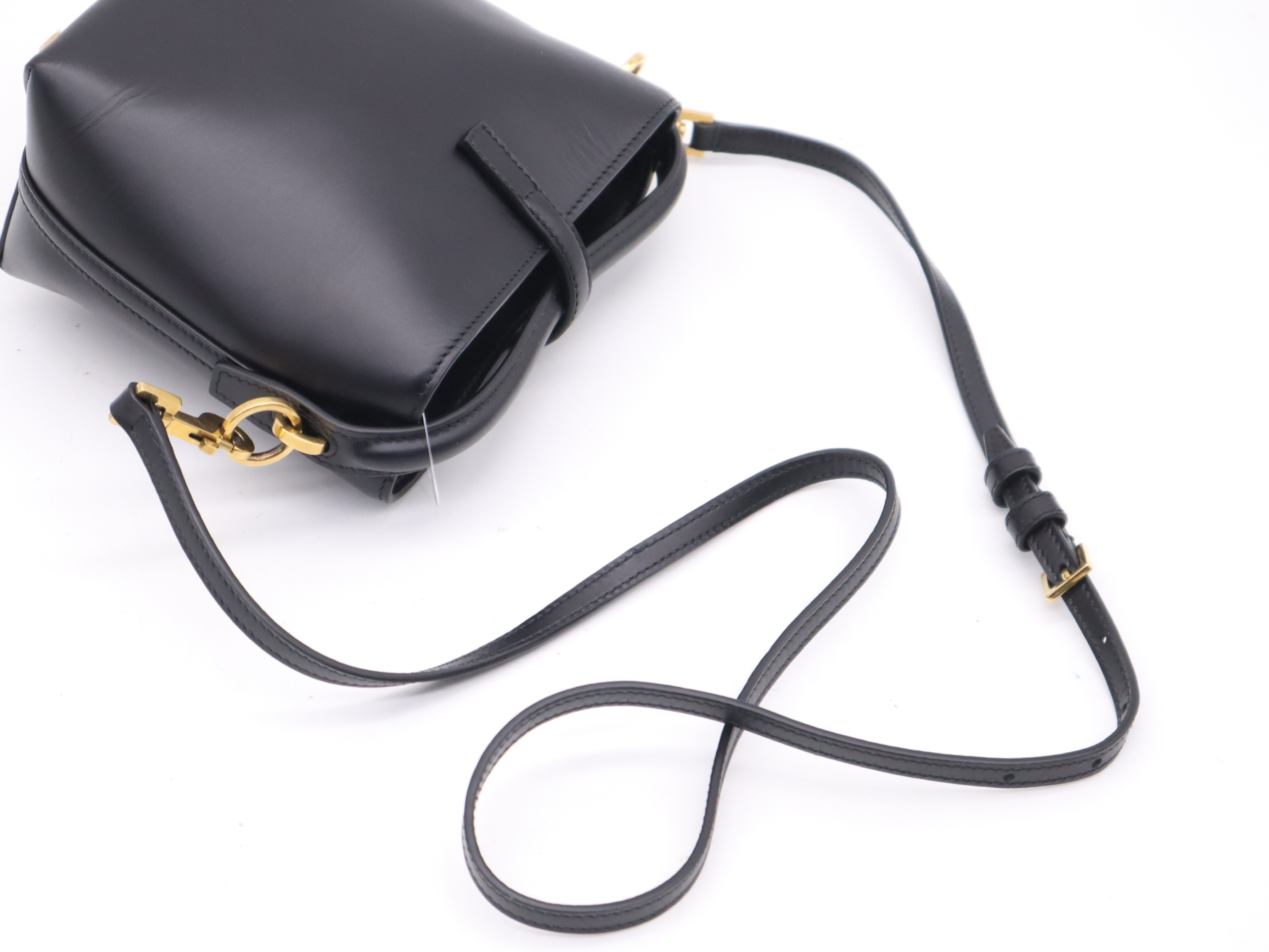Leather Mini Bucket 2-Way Shoulder Bag, Black with Gold Hardware — view 6