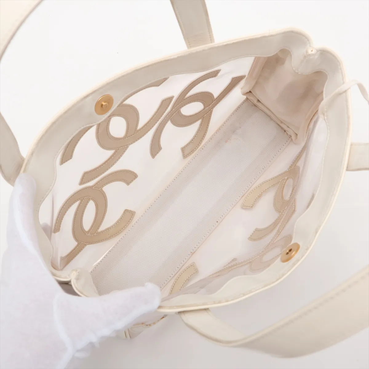 Triple Coco Patent Leather x Vinyl Tote Bag, Beige, Gold Hardware, 9631491, Series 9 — view 7