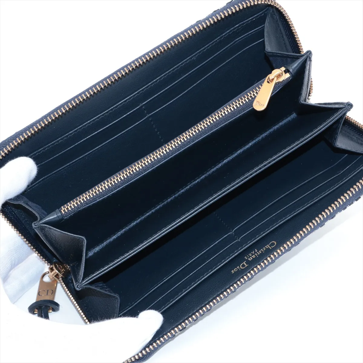 Oblique Canvas x Leather Round Zip Wallet Navy — view 3