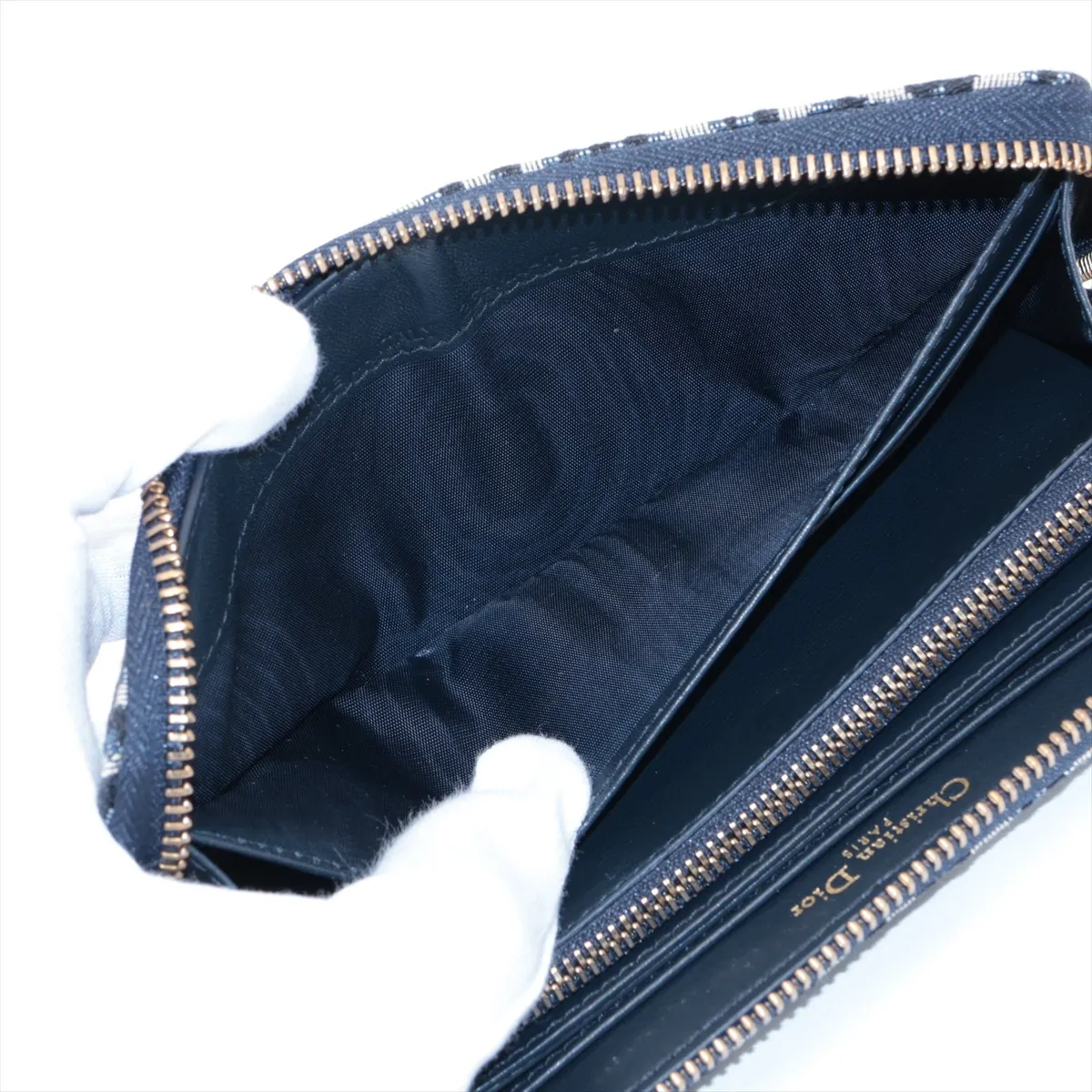 Oblique Canvas x Leather Round Zip Wallet Navy — view 4