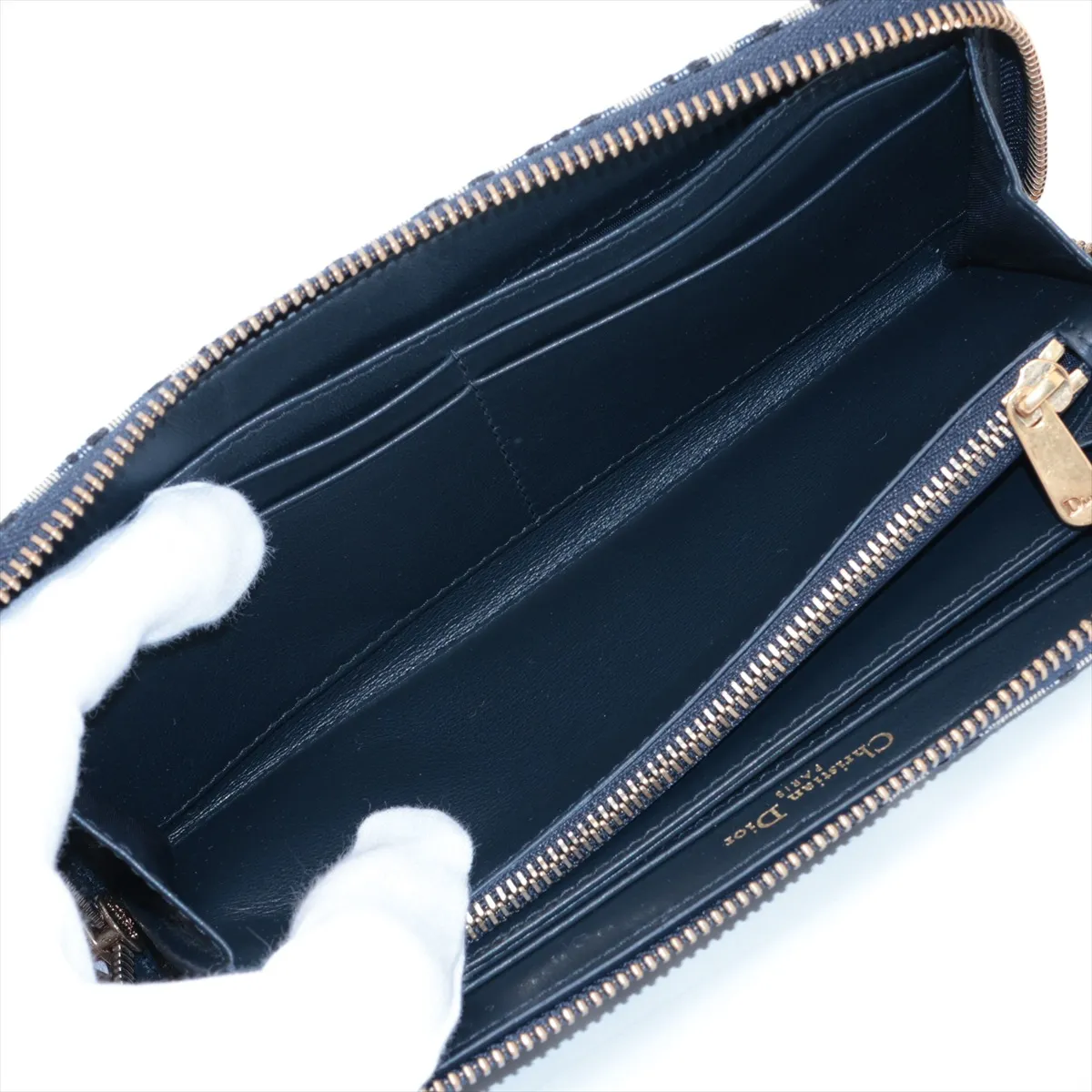 Oblique Canvas x Leather Round Zip Wallet Navy — view 5