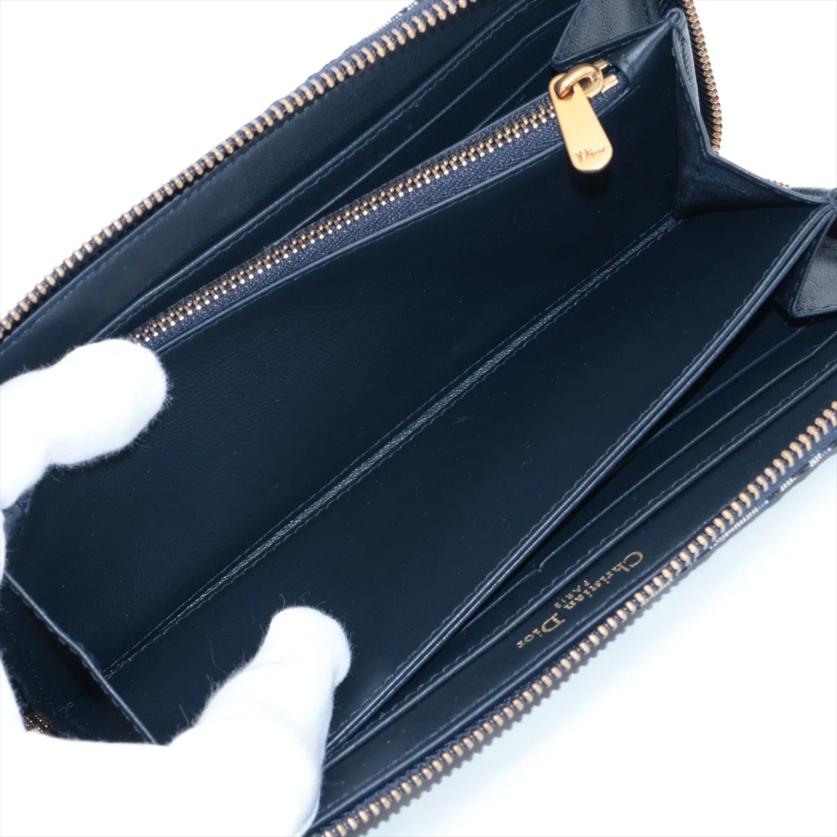 Oblique Canvas x Leather Round Zip Wallet Navy — view 6