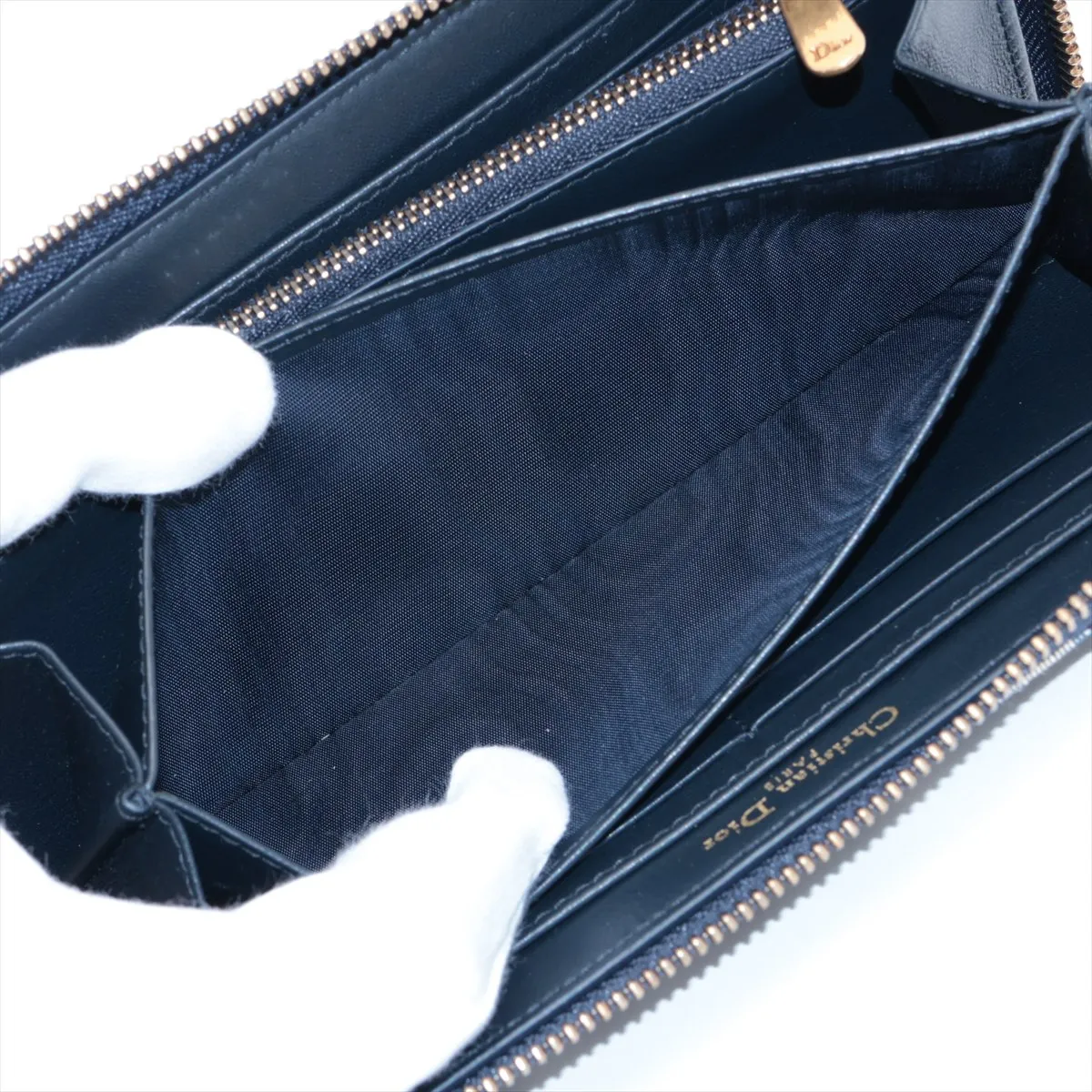 Oblique Canvas x Leather Round Zip Wallet Navy — view 7