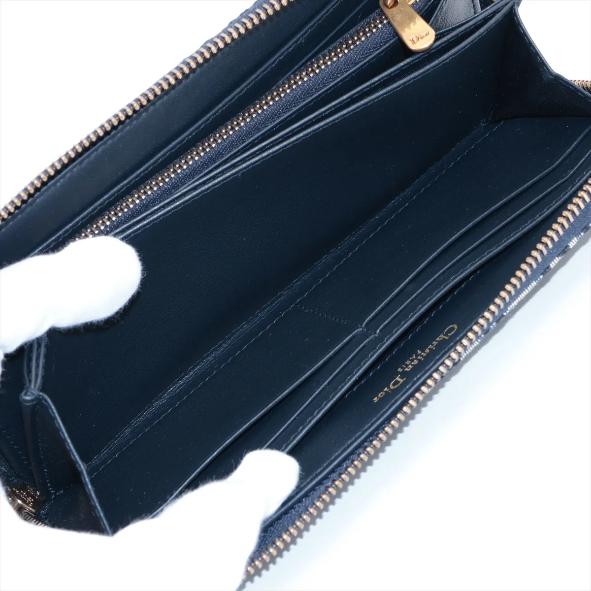 Oblique Canvas x Leather Round Zip Wallet Navy — view 8