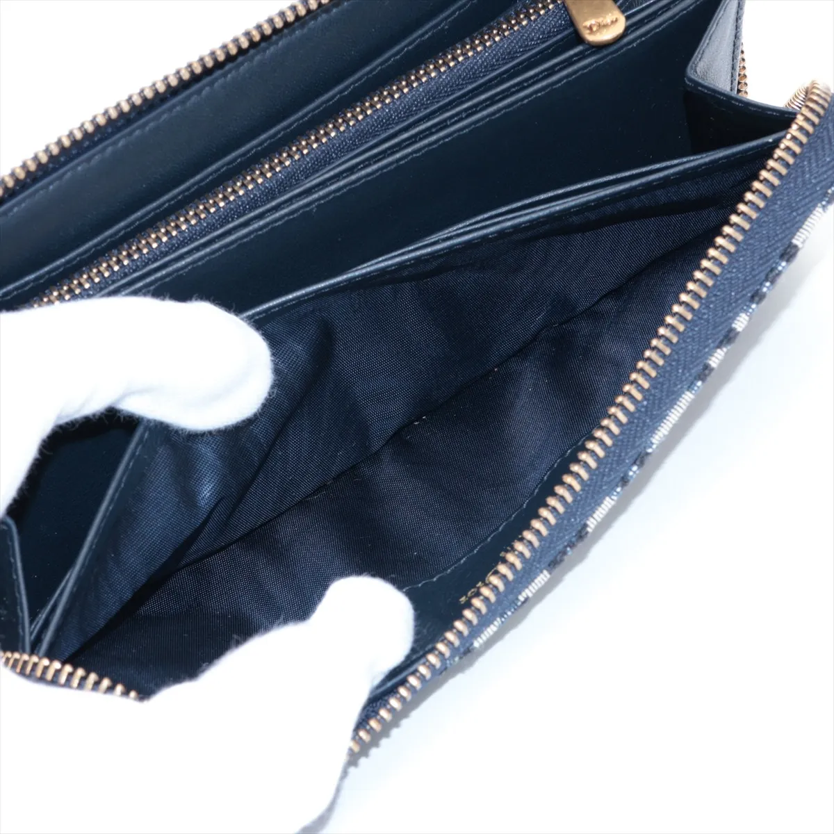 Oblique Canvas x Leather Round Zip Wallet Navy — view 9