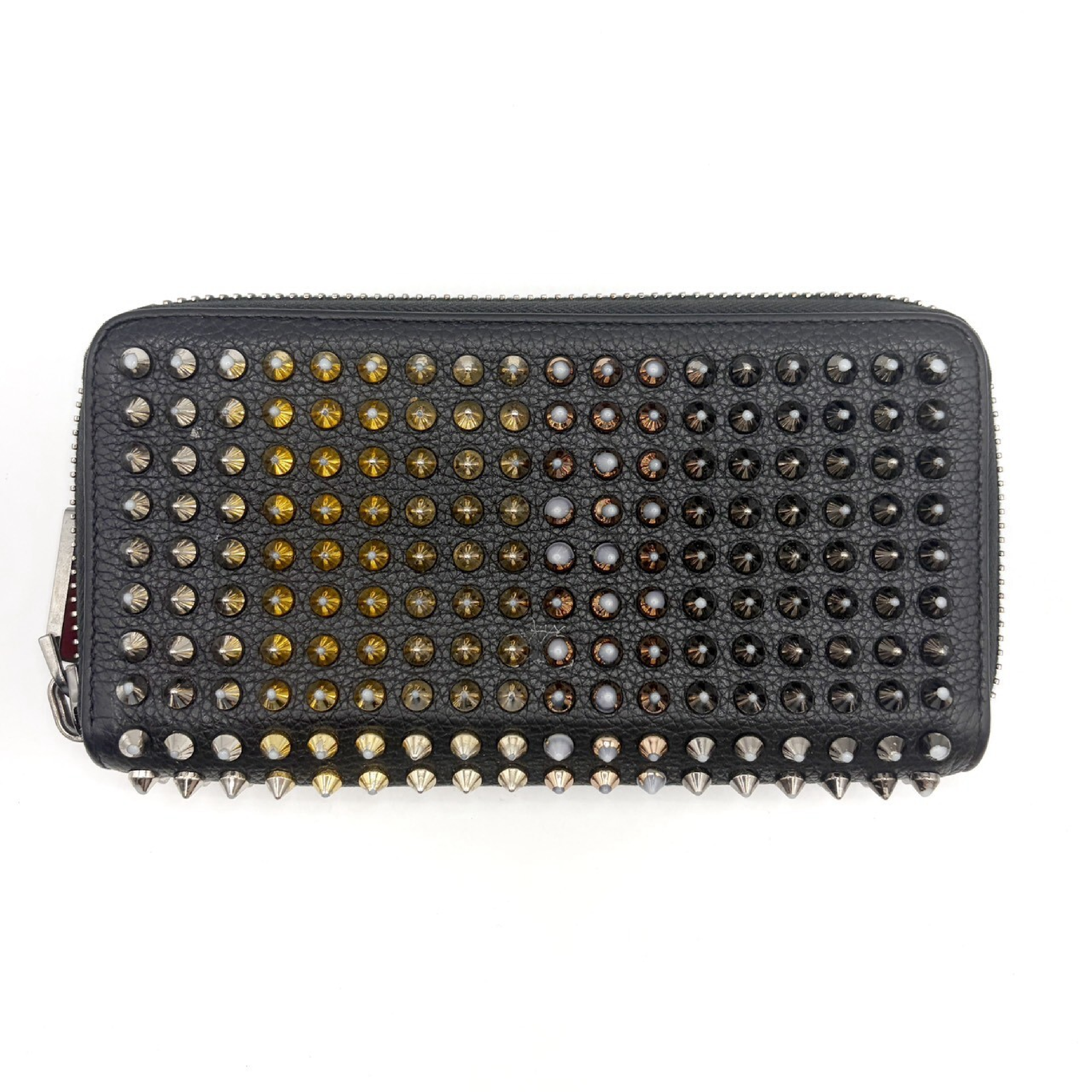Studded Leather Round Zip Long Wallet, Black