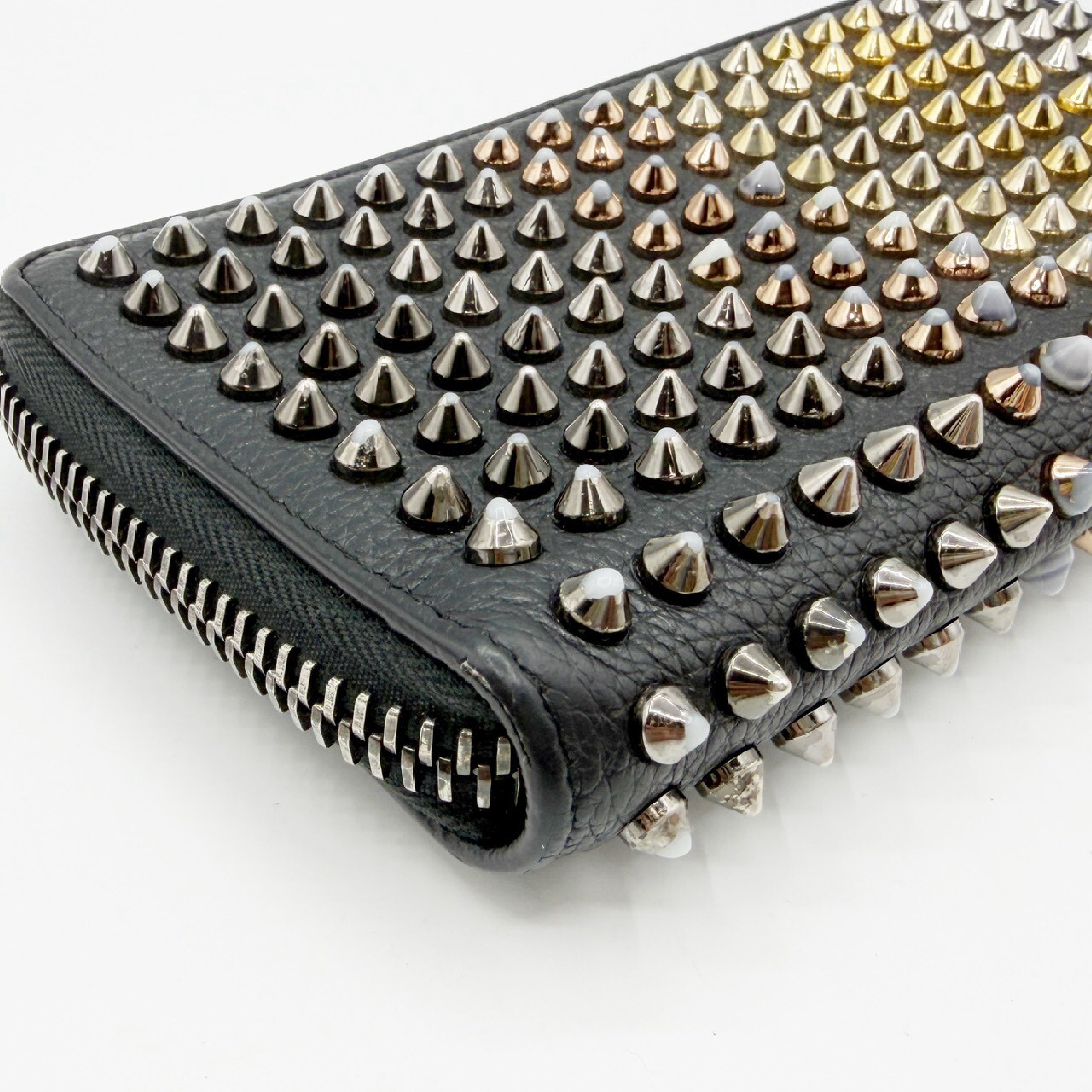 Studded Leather Round Zip Long Wallet, Black — view 3