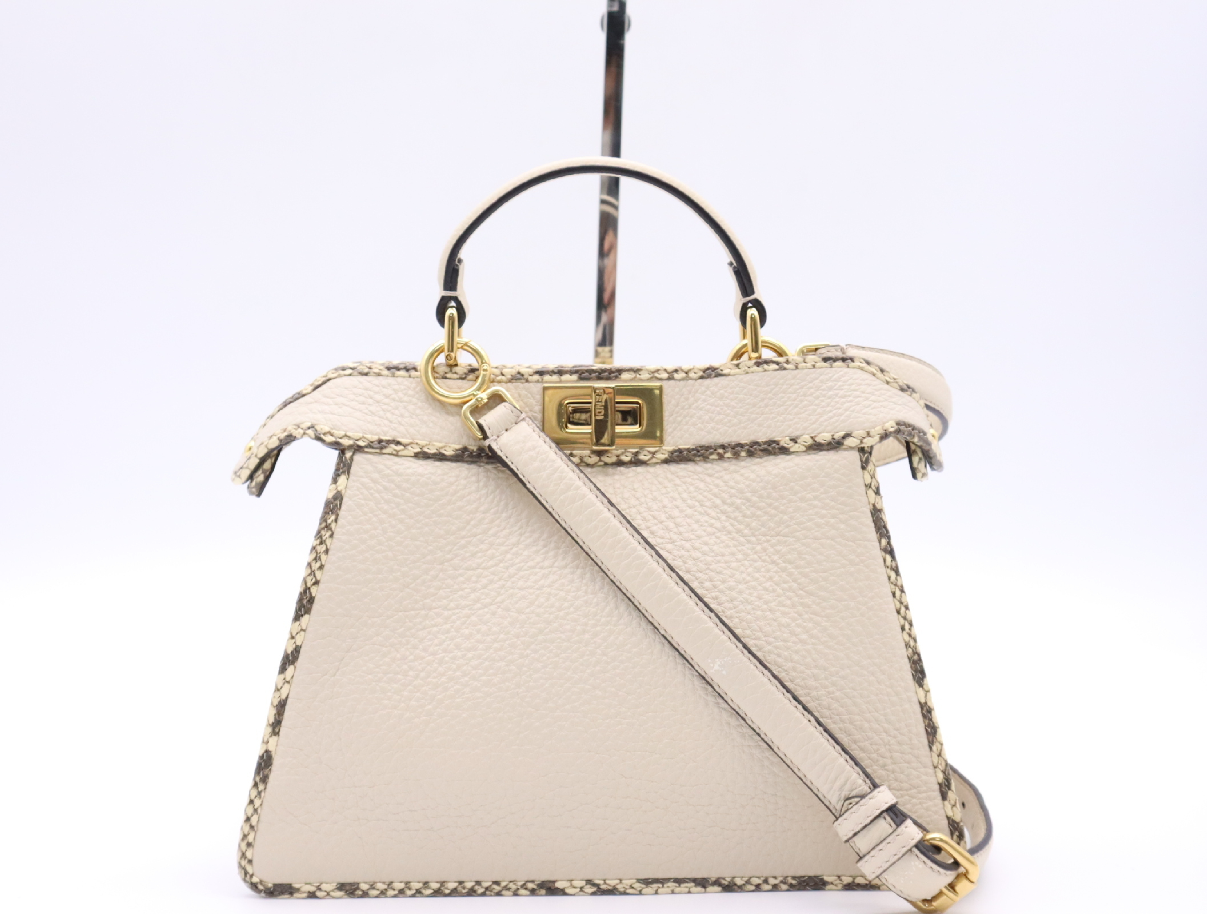 Leather/Python Peekaboo I.C.U Small Beige Handbag with Shoulder Strap and Rain Cover