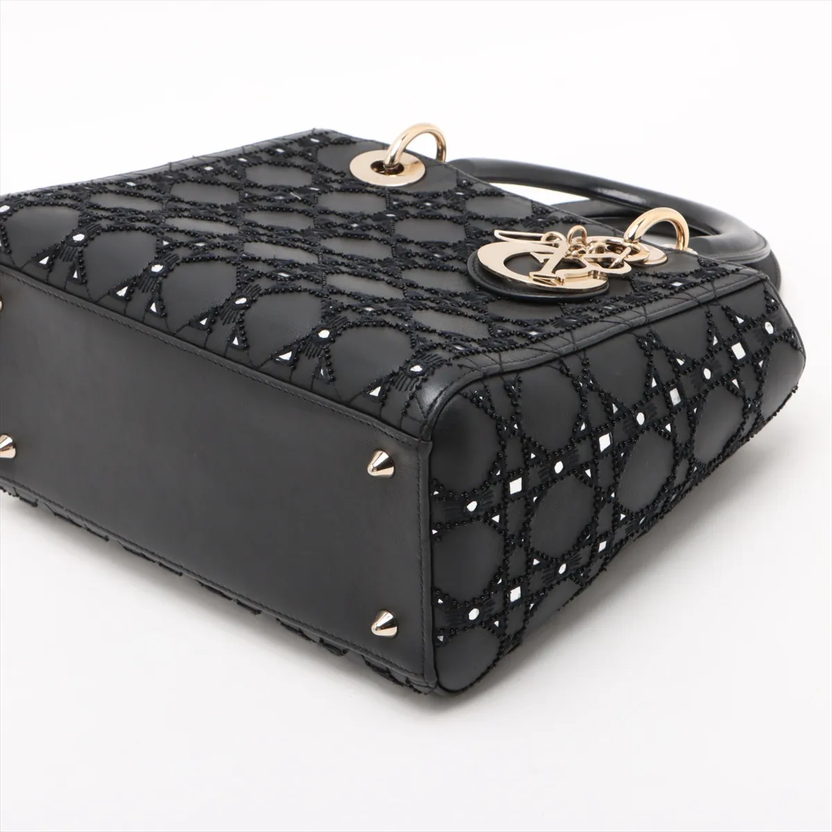Lady Dior Cannage Leather x Bead 2-Way Handbag, Black — view 3