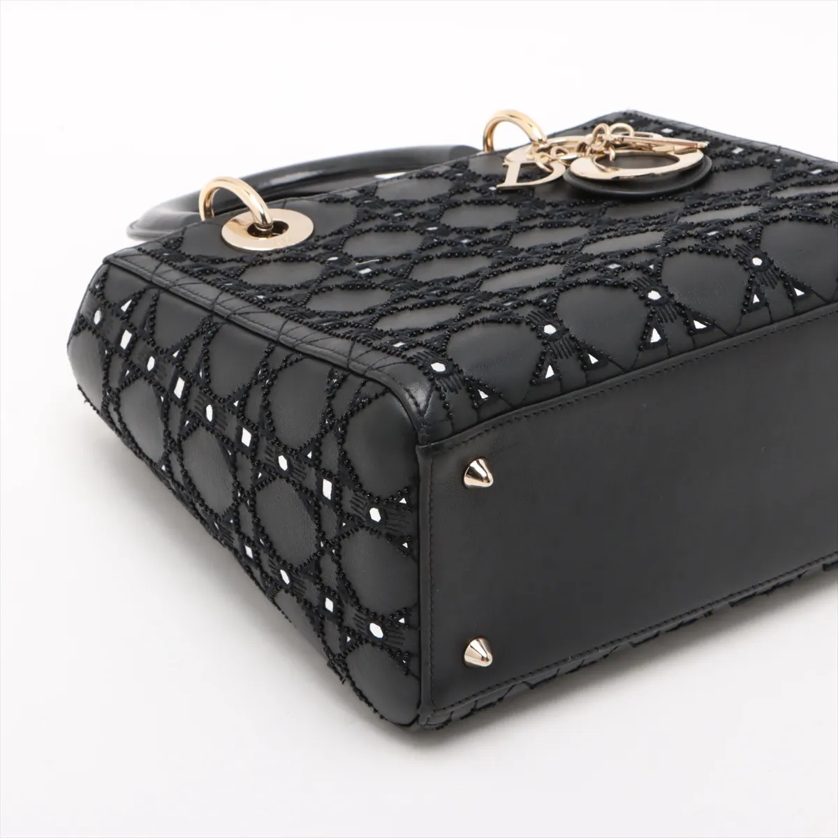Lady Dior Cannage Leather x Bead 2-Way Handbag, Black — view 4