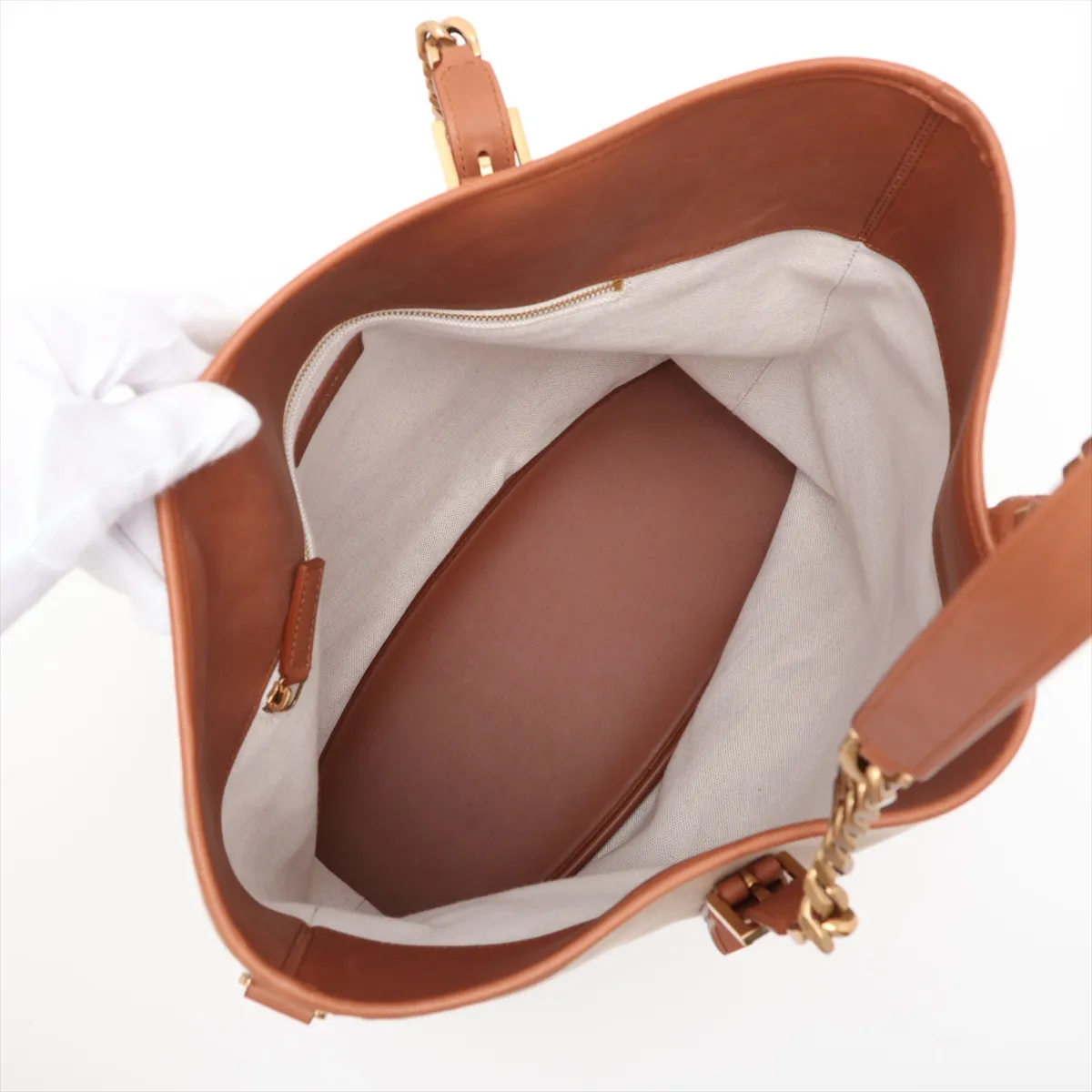 Canvas x Leather 2-Way Tote Bag, Beige x Brown, 781302 — view 8