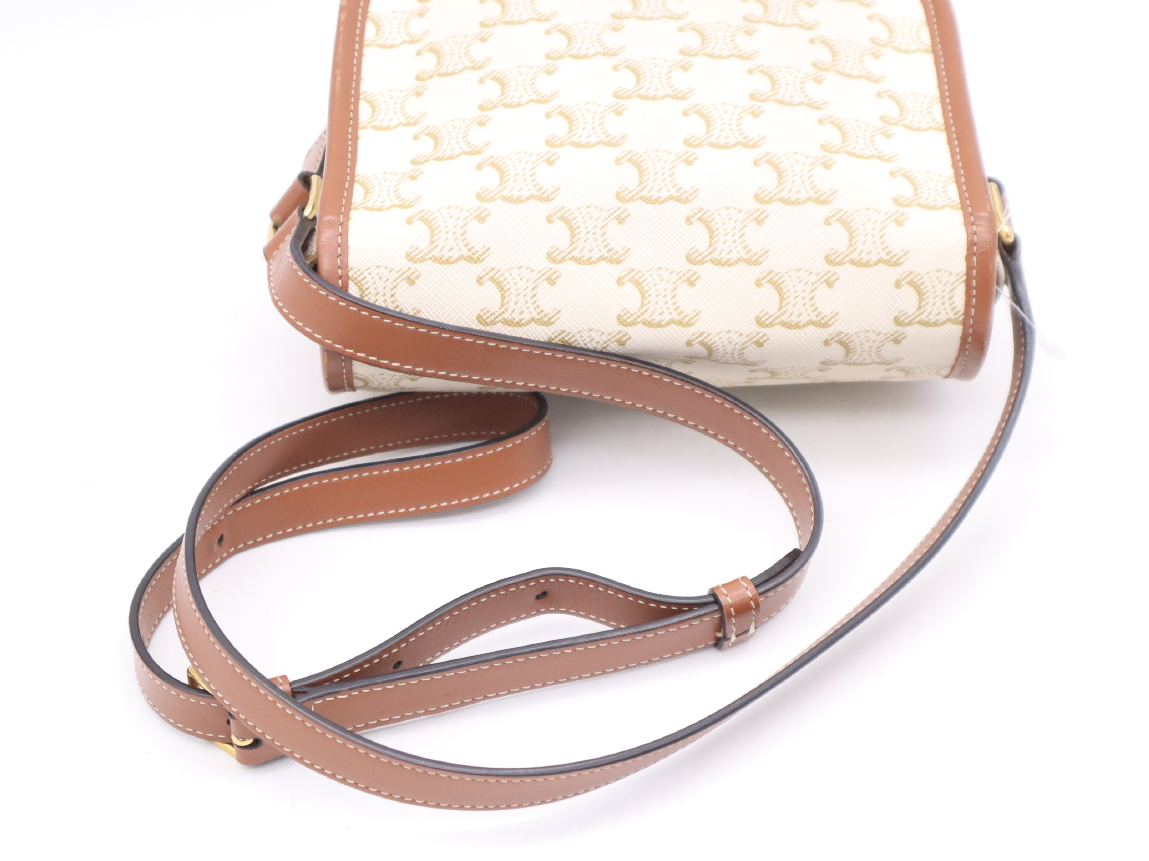 Leather Triomphe Falco Medium Shoulder Bag, White Brown, Gold Hardware — view 6