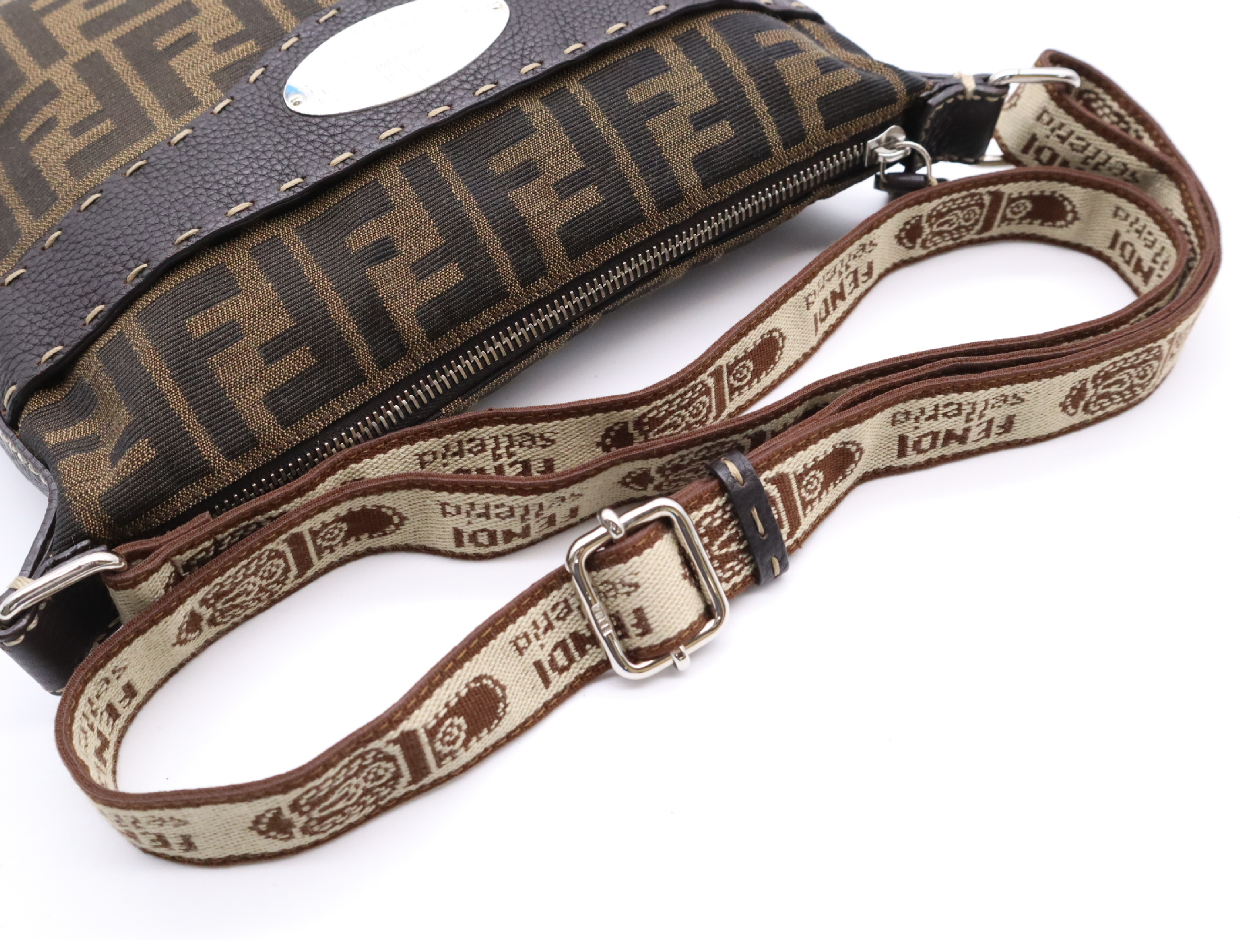 Canvas Zucca Pattern Shoulder Bag, Brown, Silver Hardware — view 10