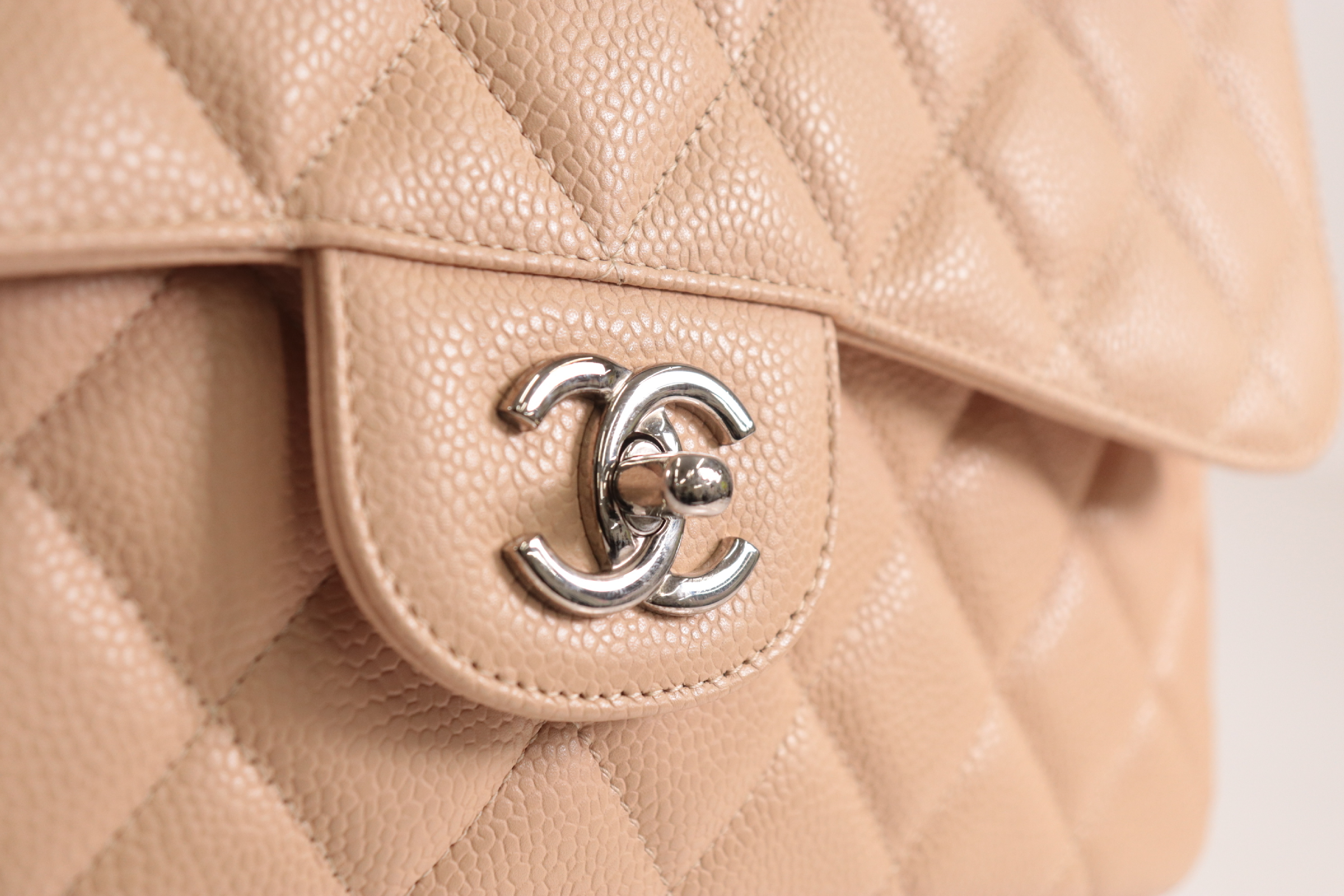 Caviar Chain Shoulder Bag W30 Beige Silver Hardware Serial Number 28 — view 8