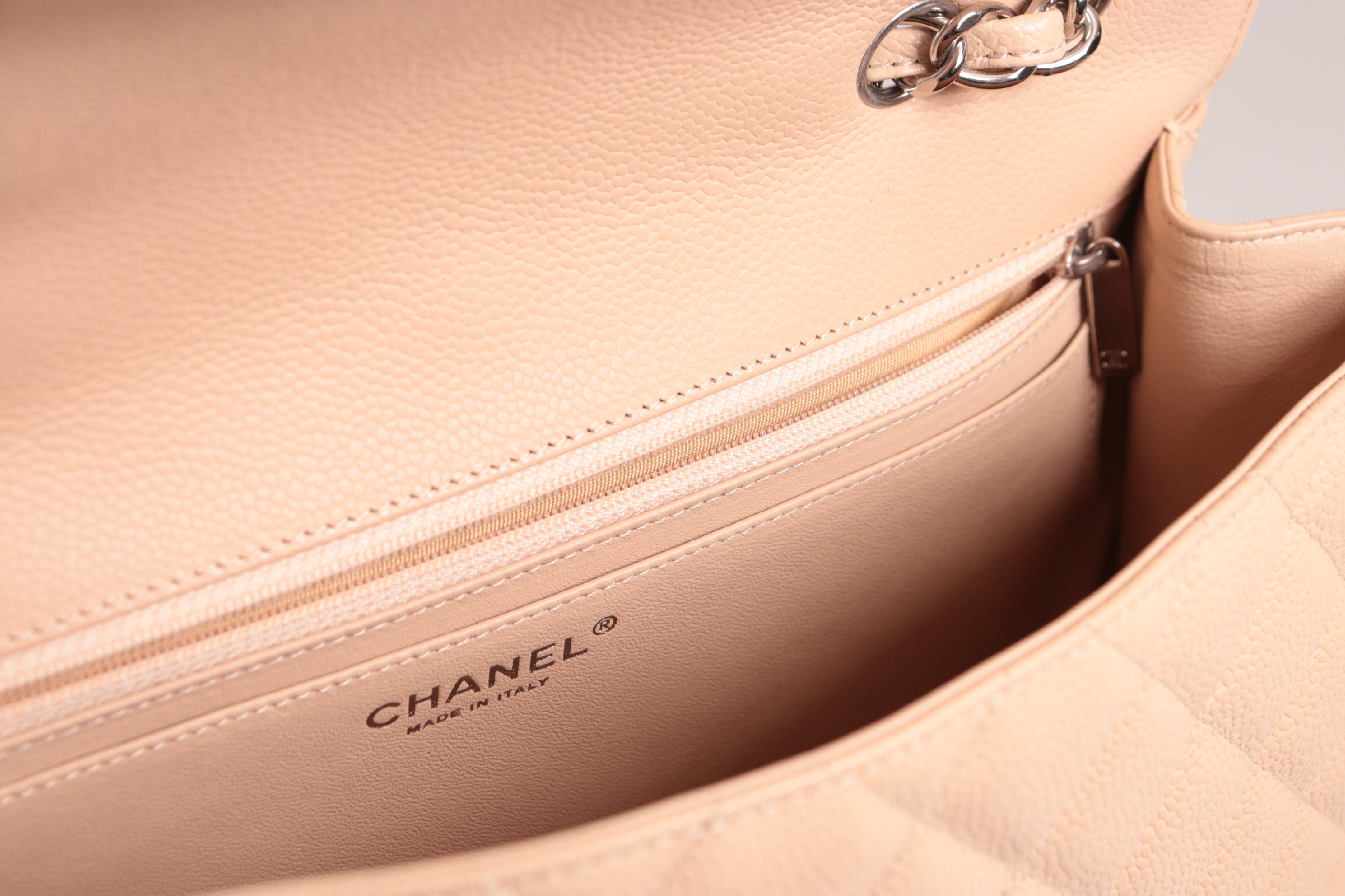 Caviar Chain Shoulder Bag W30 Beige Silver Hardware Serial Number 28 — view 9