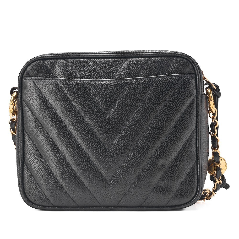 Caviar leather V-stitch ball charm shoulder bag, black — view 2