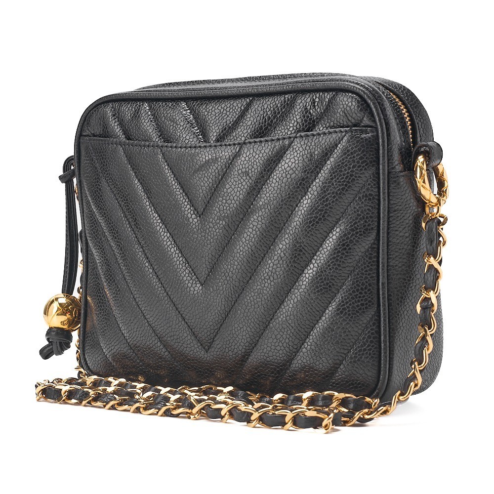 Caviar leather V-stitch ball charm shoulder bag, black — view 3