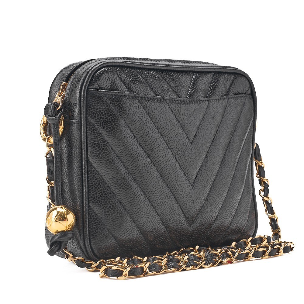 Caviar leather V-stitch ball charm shoulder bag, black — view 4