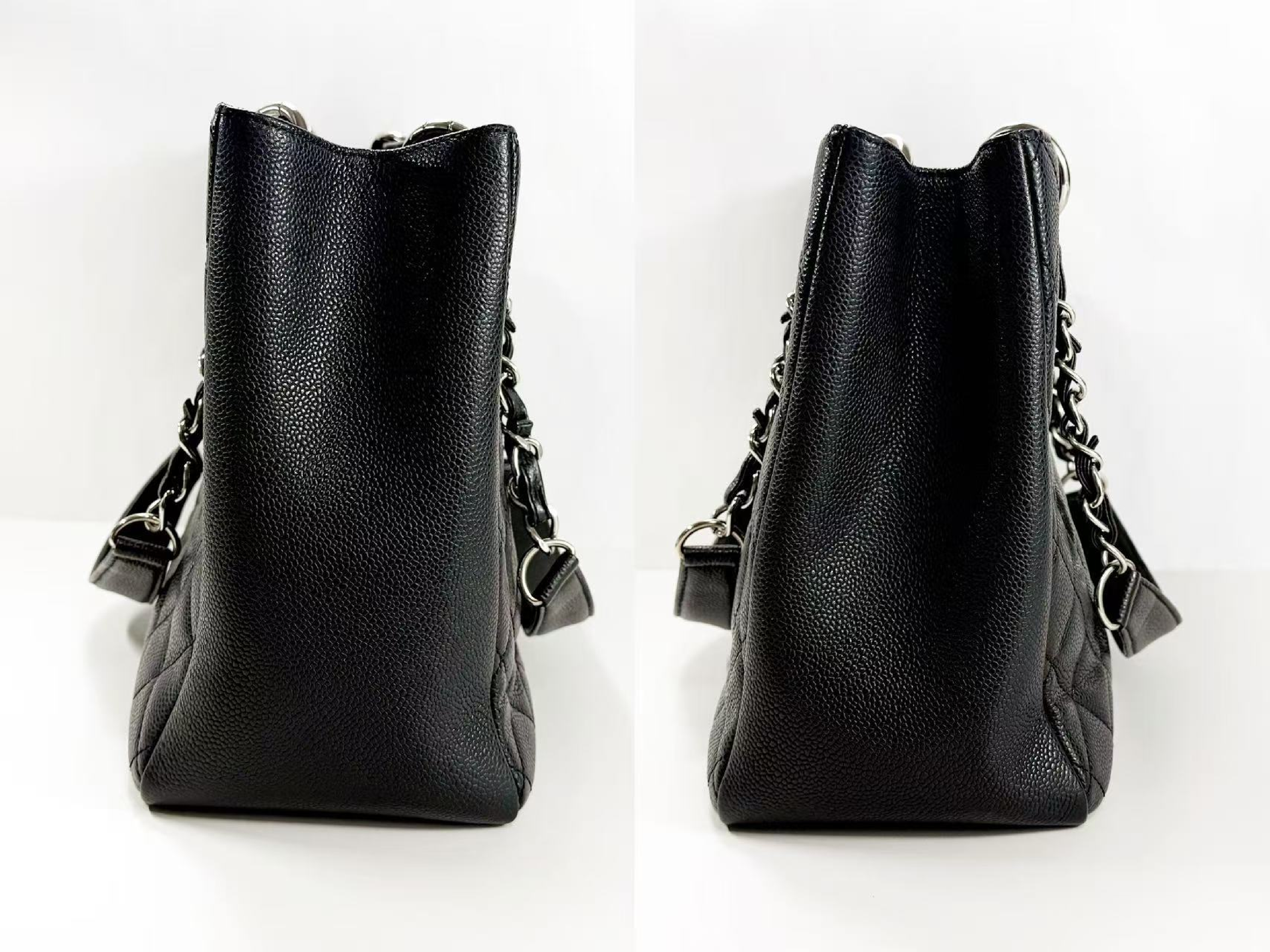Black Caviar Skin Matelassé GST Tote Bag, W34/H23/D14cm (approx.), Serial Number 18-series, with dust bag and seal, silver hardware, chain tote, item number 18374901. — view 12