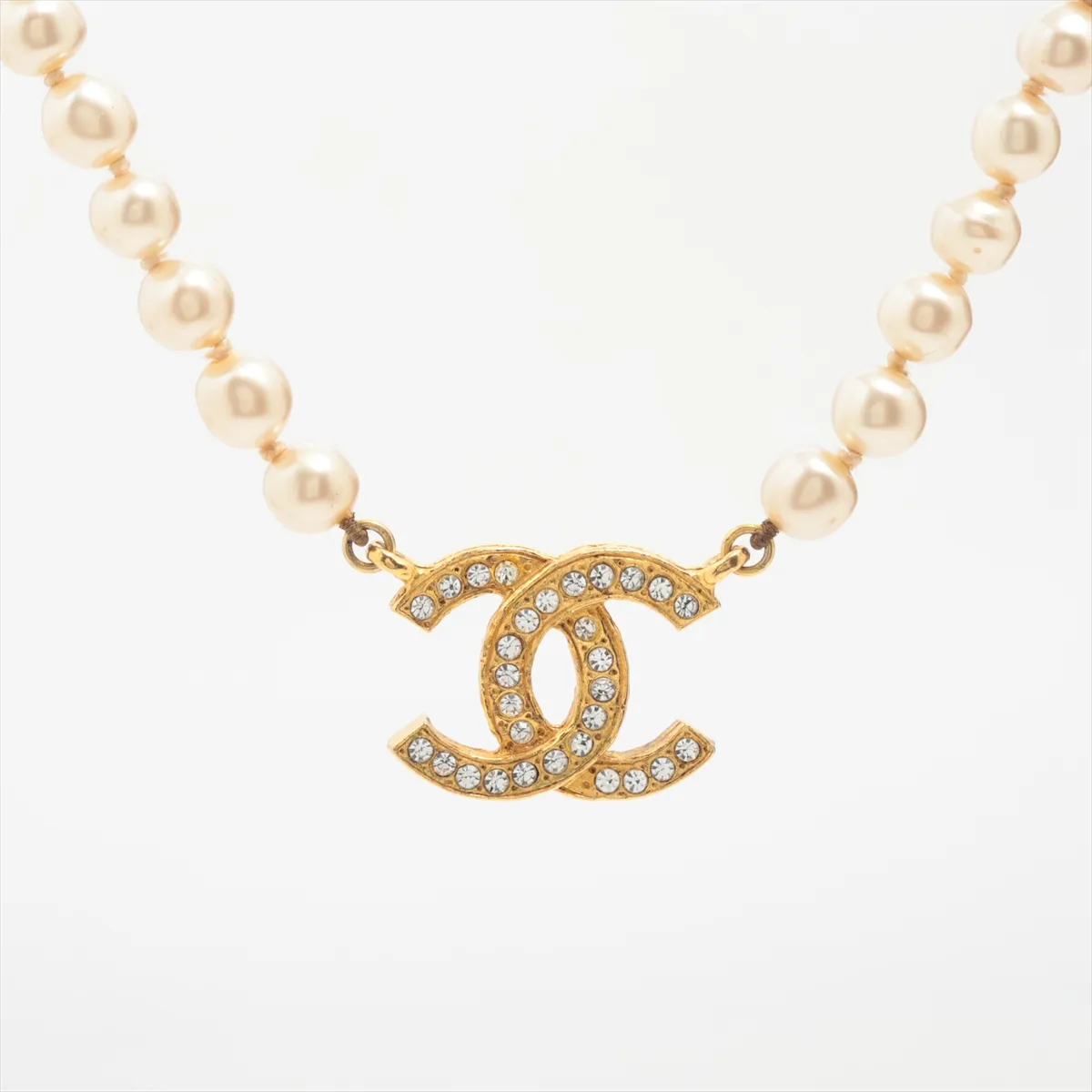 Coco Mark Necklace, GP x Rhinestone x Faux Pearl, Gold. Shows signs of wear including — view 2