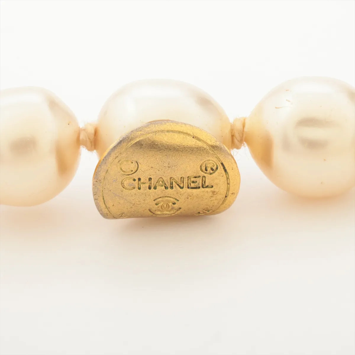 Coco Mark Necklace, GP x Rhinestone x Faux Pearl, Gold. Shows signs of wear including — view 4