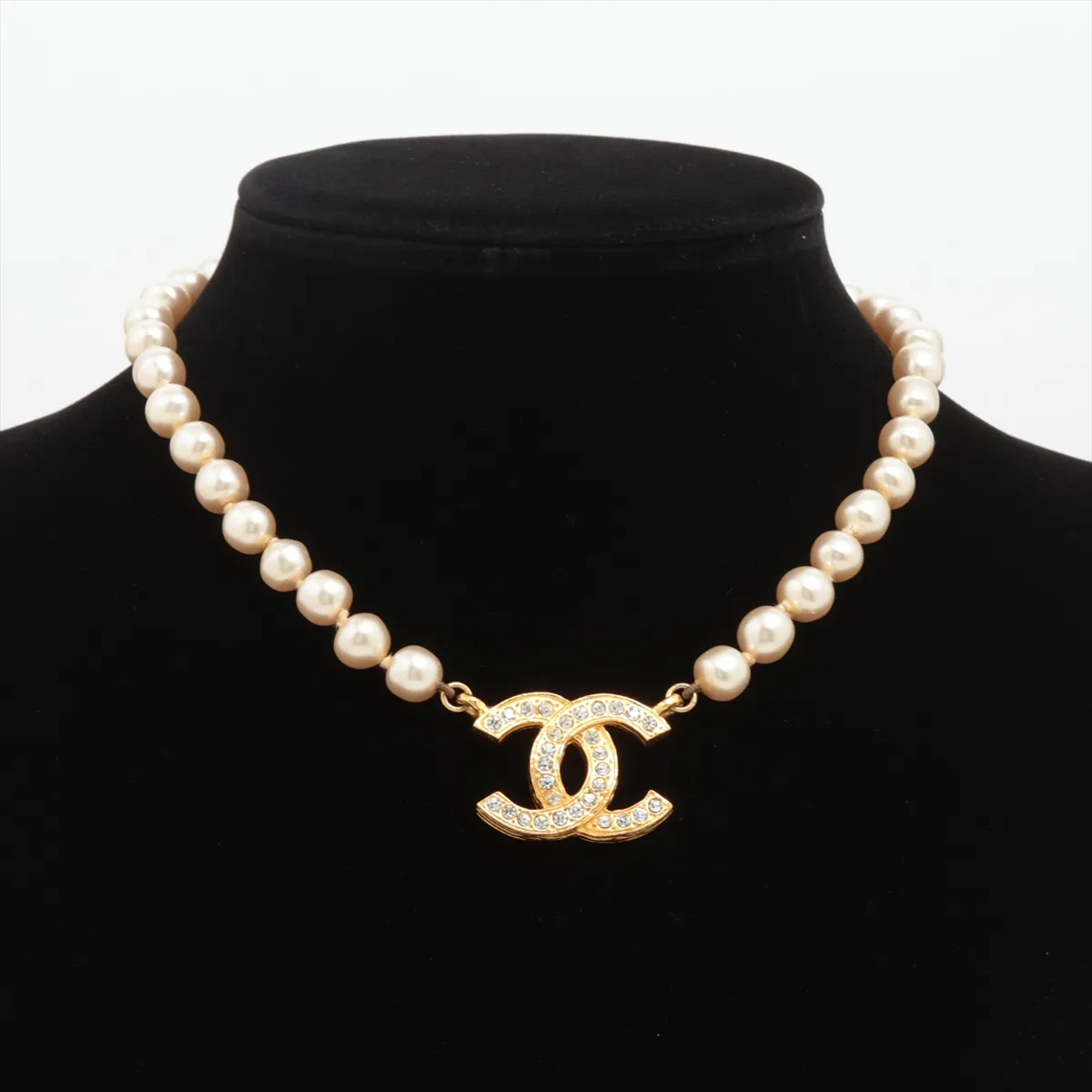 Coco Mark Necklace, GP x Rhinestone x Faux Pearl, Gold. Shows signs of wear including — view 5